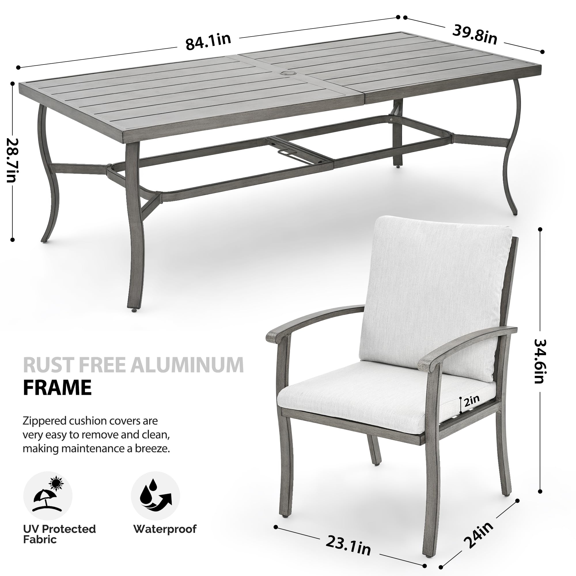HAPPATIO 9-Piece Aluminum Patio Dining Set for 8 - Outdoor Dining Table and Chairs, Weather-Resistant Gray Patio Furniture for Garden, Backyard, and Poolside Entertaining