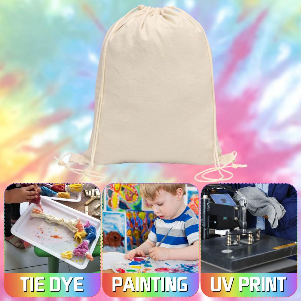 White Cotton Drawstring Bags for Tie Dye - Reusable Tote Backpack for Gym, Sports, School & Tie Dye Party Favors (Adults & Kids) - Perfect for DIY Crafts, Beach Trips & Festival Essentials