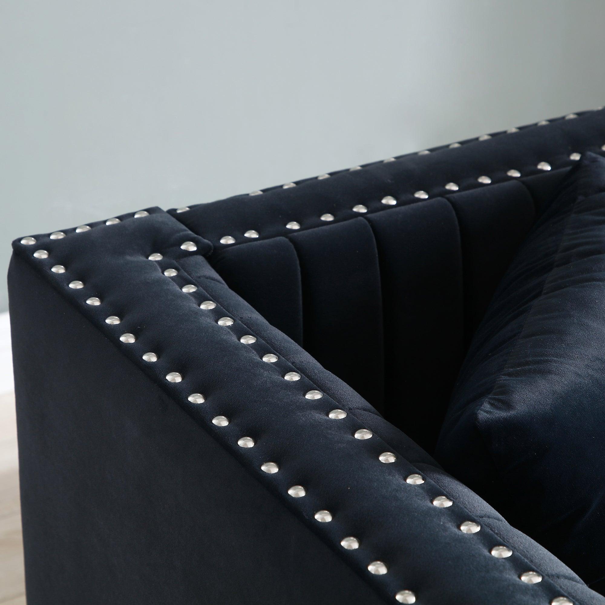 Modern Velvet Loveseat Sofa - Contemporary Upholstered 2-Seater Couch with Tufted Back and 2 Pillows for Living Room, Apartment - Black | Perfect for Small Spaces, Cozy Reading Nook & Lounge Area