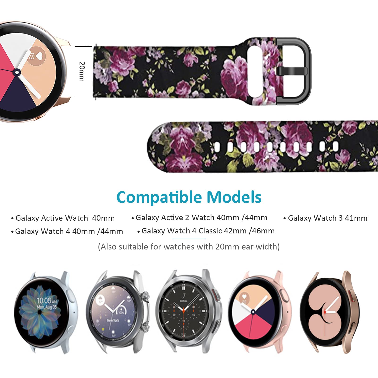TOOLAIK 20mm Sports Watch Band Compatible with Samsung Galaxy Watch 6 Classic 47mm/43mm, Watch 5/5 Pro, Watch 4, Galaxy Watch 3 41mm & Active 2 40mm/44mm - Durable Silicone Wristband for Men & Women - Perfect for Running, Gym Workouts & Daily Wear
