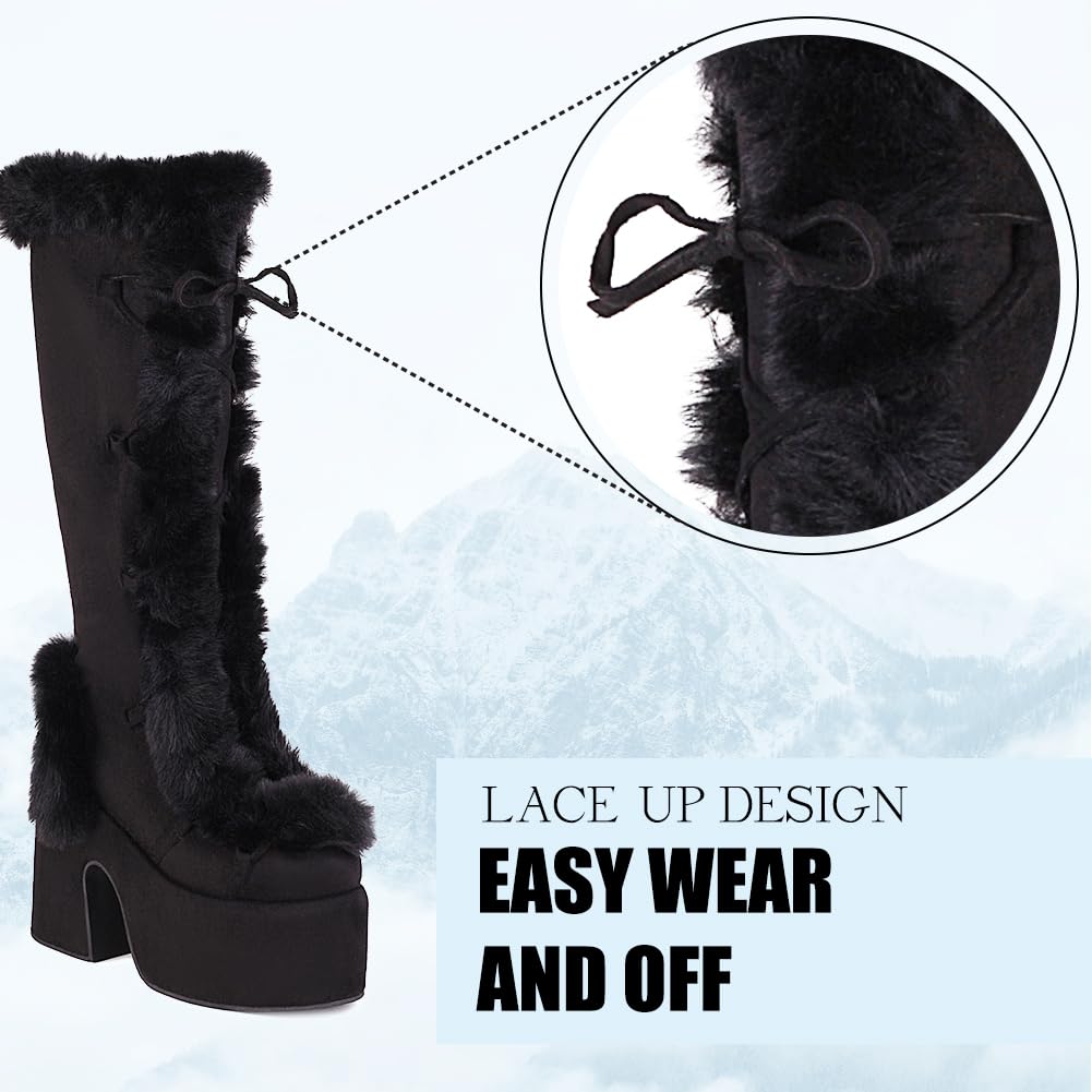 CELNEPHO Women's Knee High Boots with Side Zipper - Warm Faux Fur Lined Platform Chunky Heel Punk Goth Boots for Winter Snow Walking | Perfect for Cold Weather, Outdoor Activities & Fashion Streetwear