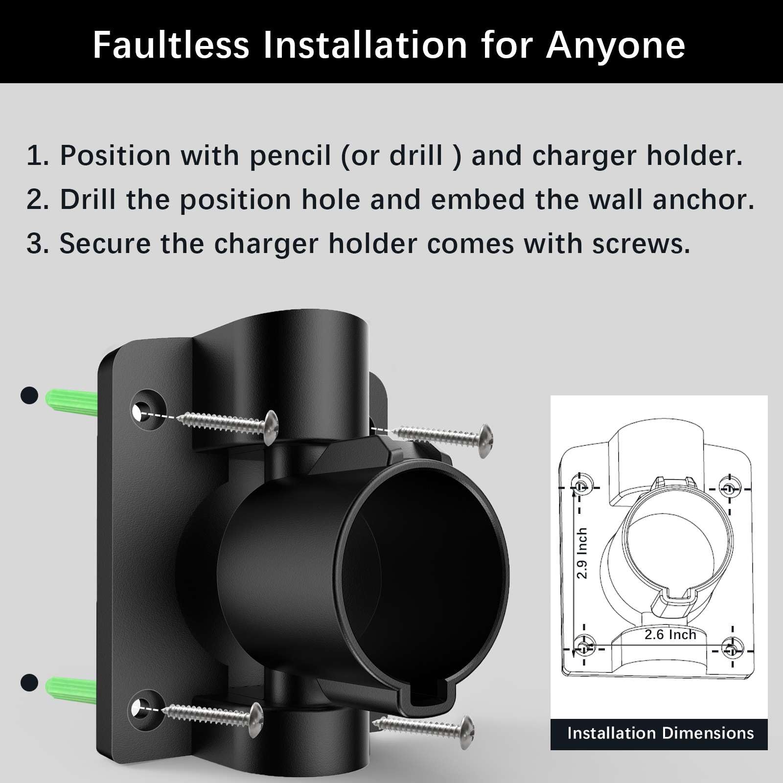 180° Swivel EV Charger Holder Wall Mount - J1772 Charger Nozzle Holster Dock with Rotatable Design for All J1772 Electric Vehicles - Perfect for Home, Garage & Public Charging Stations