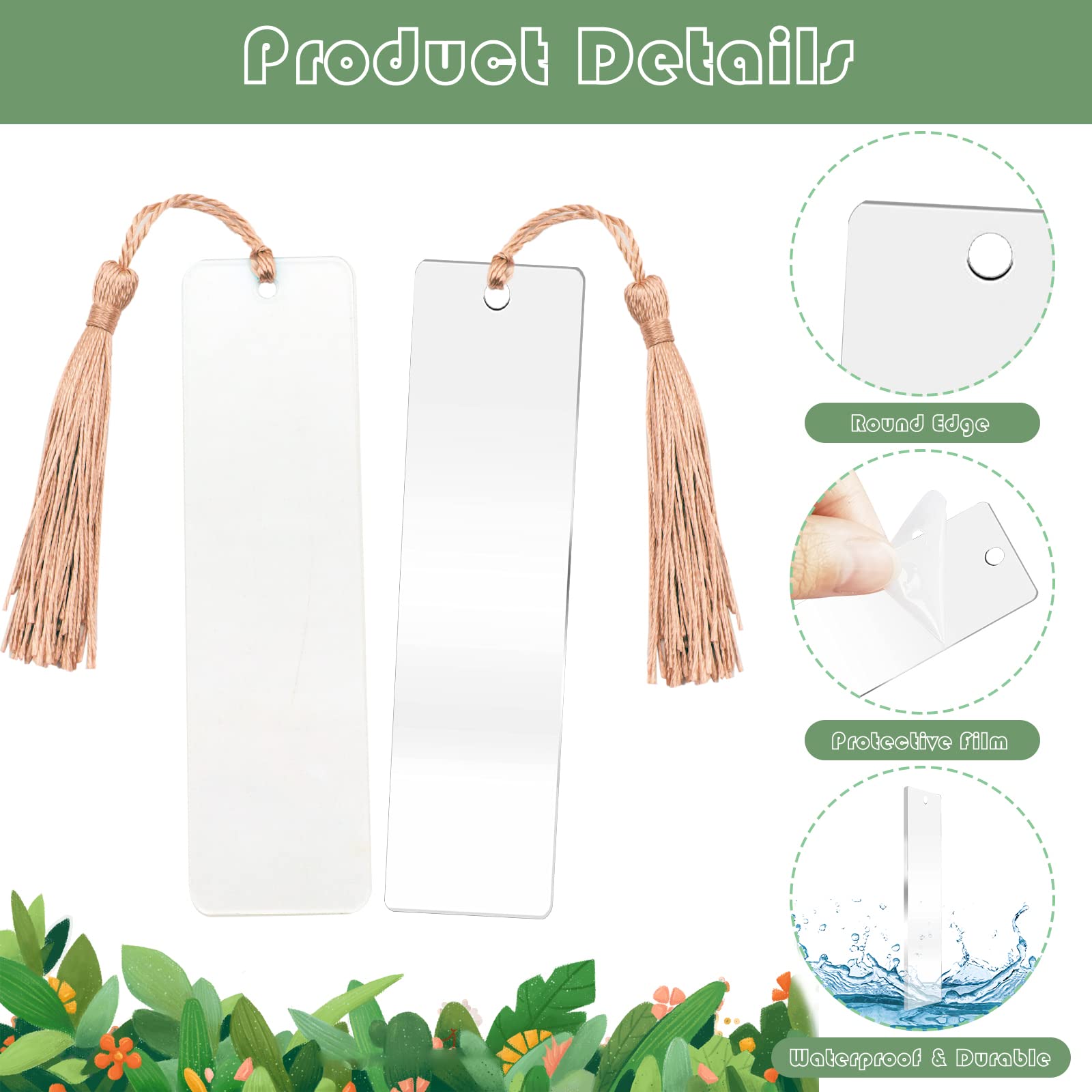 ZYNERY 60-Piece DIY Acrylic Bookmark Kit - 30 Clear Transparent Bookmarks & 30 Decorative Tassels - 1.3