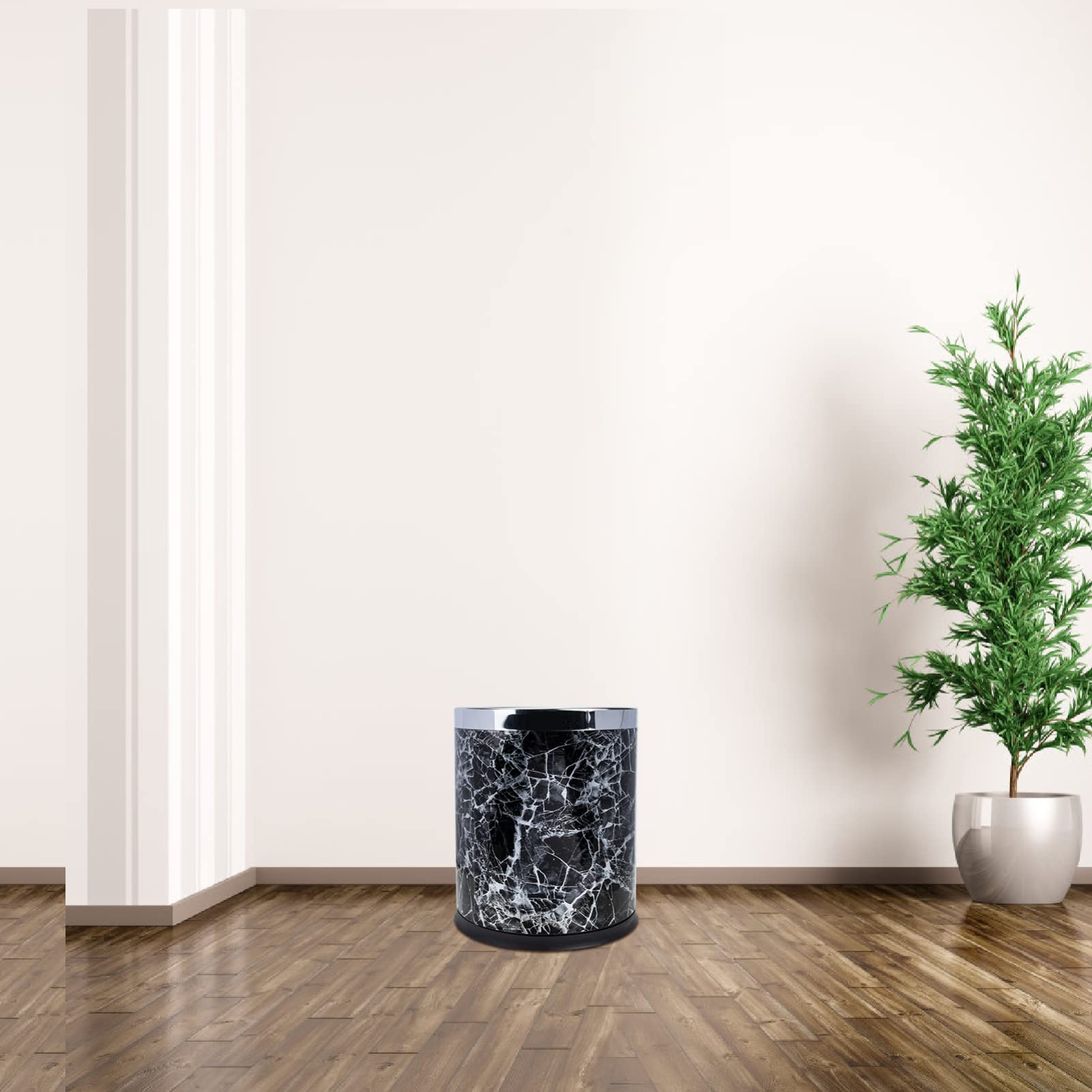 FOMIYES Small Round Marble Trash Can - Bathroom Wastebasket with Lid, Garbage Bin for Kitchen, Bedroom, Home Office - Black | Stylish & Durable for Home Decor & Daily Use