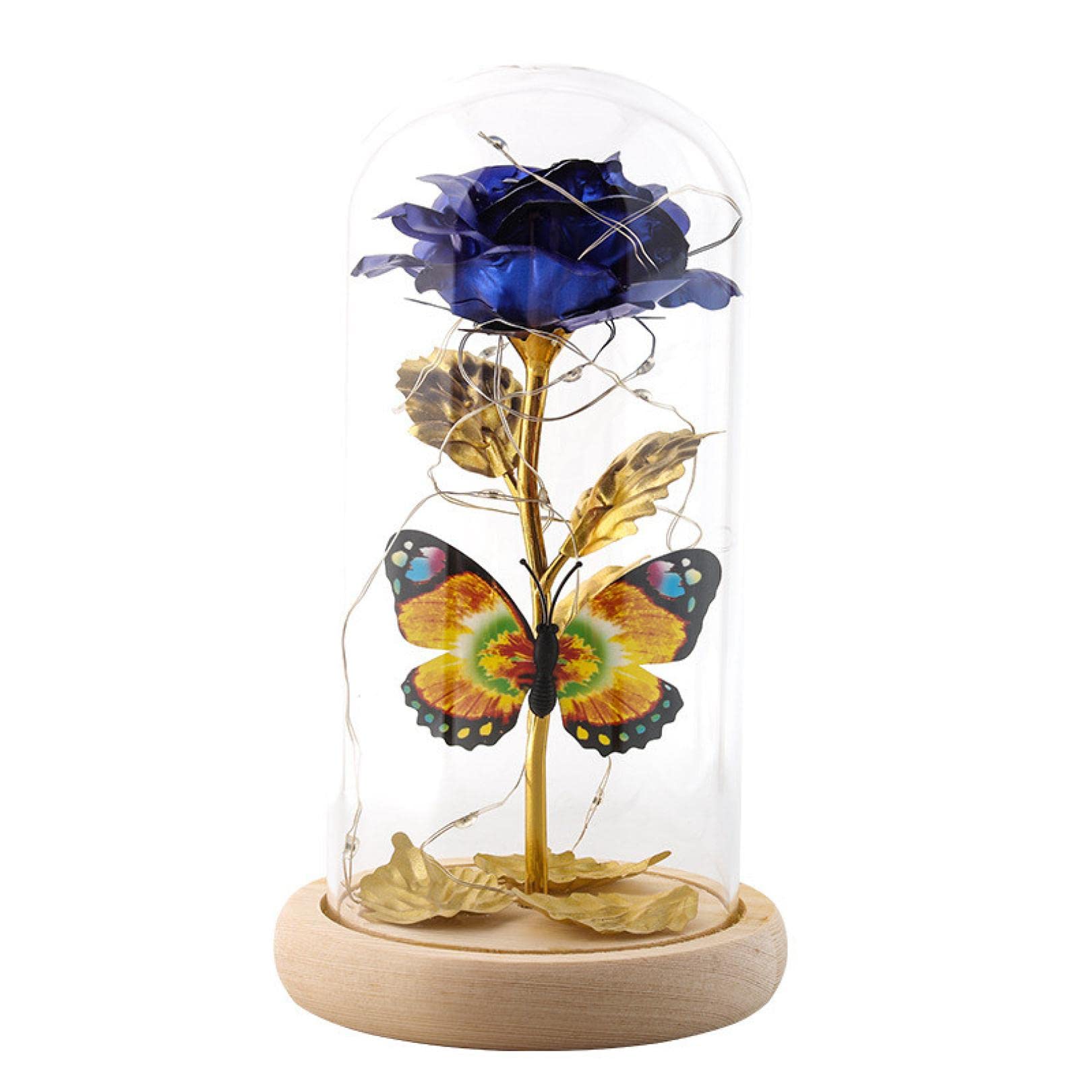 Georrcvad Eternal Preserved Real Rose in Glass Dome with LED Light & Butterfly - Romantic Valentine's Day Gift for Her (Melancholy Blue) - Perfect for Anniversaries, Weddings & Home Decor