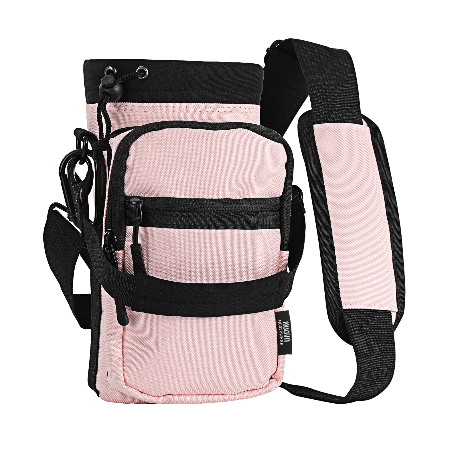 Nuovoware Insulated 40oz Water Bottle Carrier with Adjustable Shoulder Strap - 2 Pockets Flask Sling Bag for Hiking, Climbing & Outdoor Activities - Leakproof Drawstring Pouch for Sports, Gym & Daily Use (Pink)