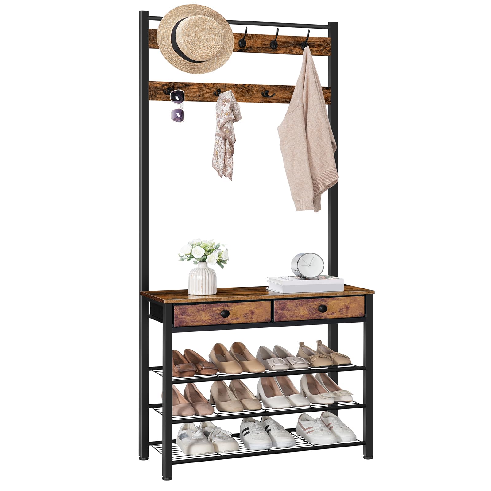HOOBRO Hall Tree with Bench - Rustic Brown & Black Entryway Coat Rack, Shoe Storage Organizer with 4 Tiers, 9 Hooks & 2 Fabric Drawers - Perfect for Mudroom, Foyer or Small Space Organization