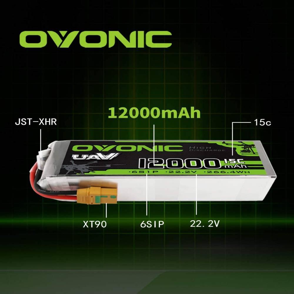 Ovonic 12000mAh 22.2V 6S 15C Lipo Battery with XT90 Plug - High Capacity Drone Battery for UAV, FPV Racing, RC Airplanes & Long Flight Time Applications
