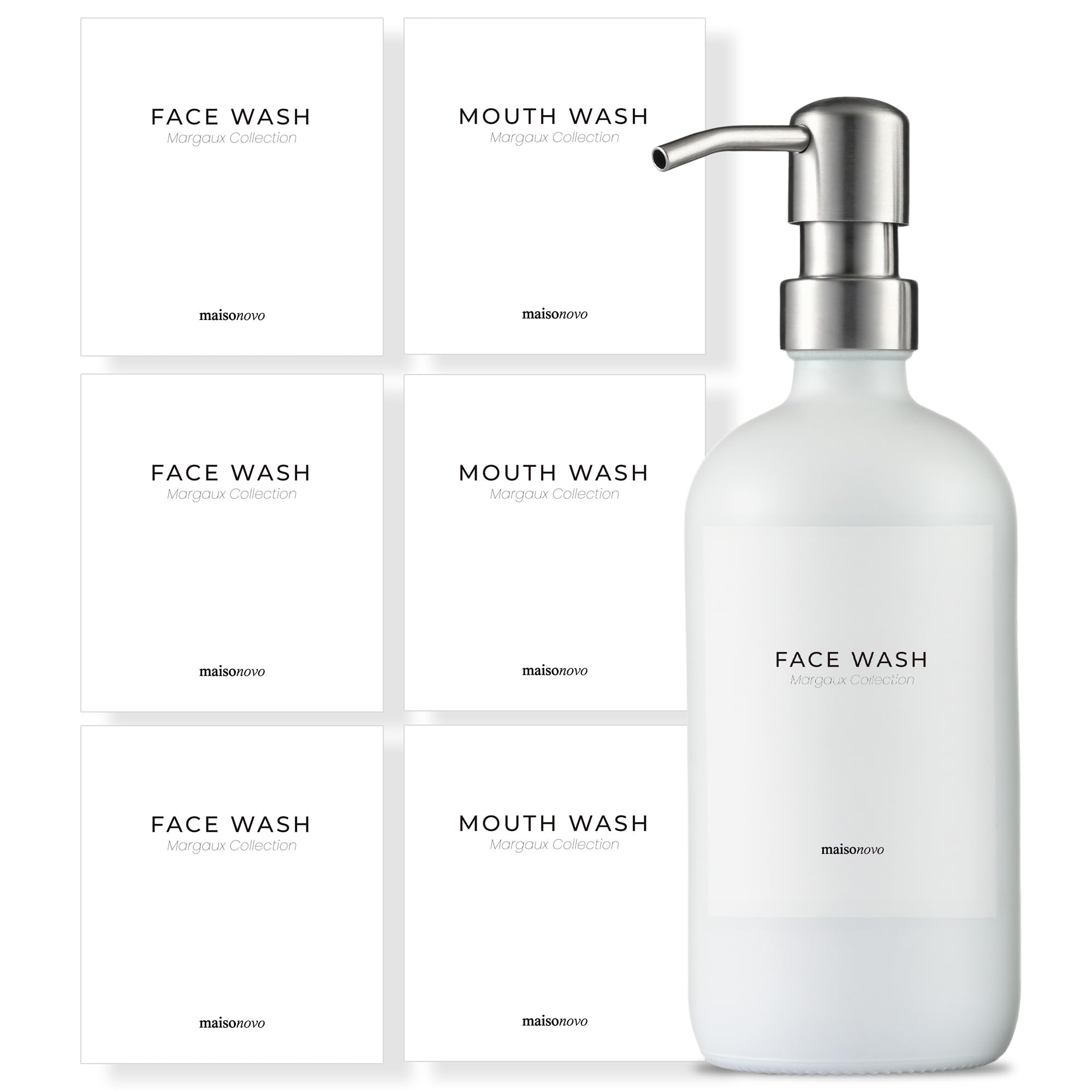 MaisoNovo Waterproof Bottle Labels - Modern Design 6-Piece Toiletry Set for Travel, Gym & Home Organization | Durable Sticker Tags for Shampoo, Lotion & Cosmetic Containers