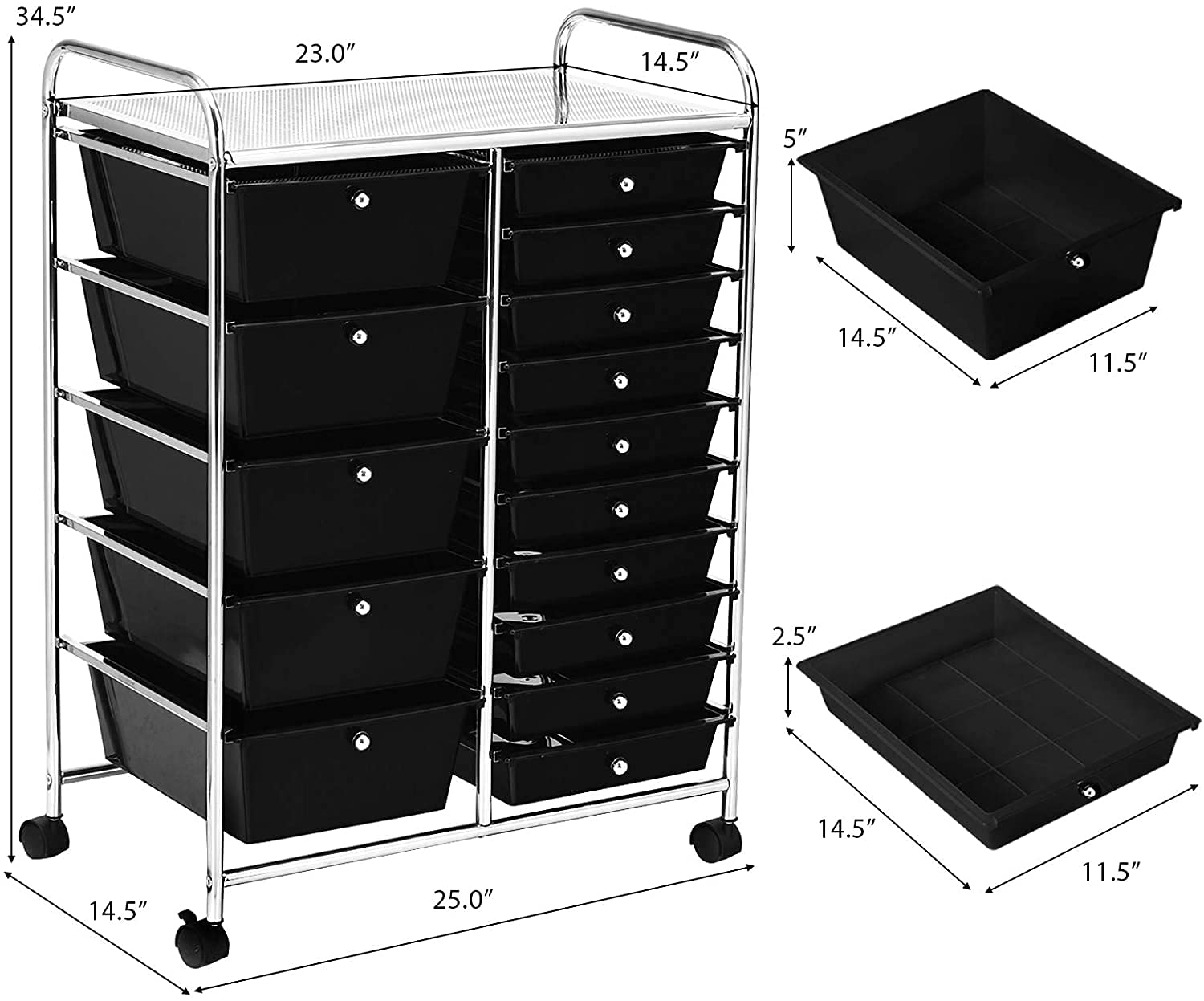 15-Drawer Rolling Storage Cart with Wheels - Mobile Utility Organizer for Tools, Office Supplies, Scrapbooking & School Essentials - Perfect for Home Office, Classroom & Craft Room Organization (Black)
