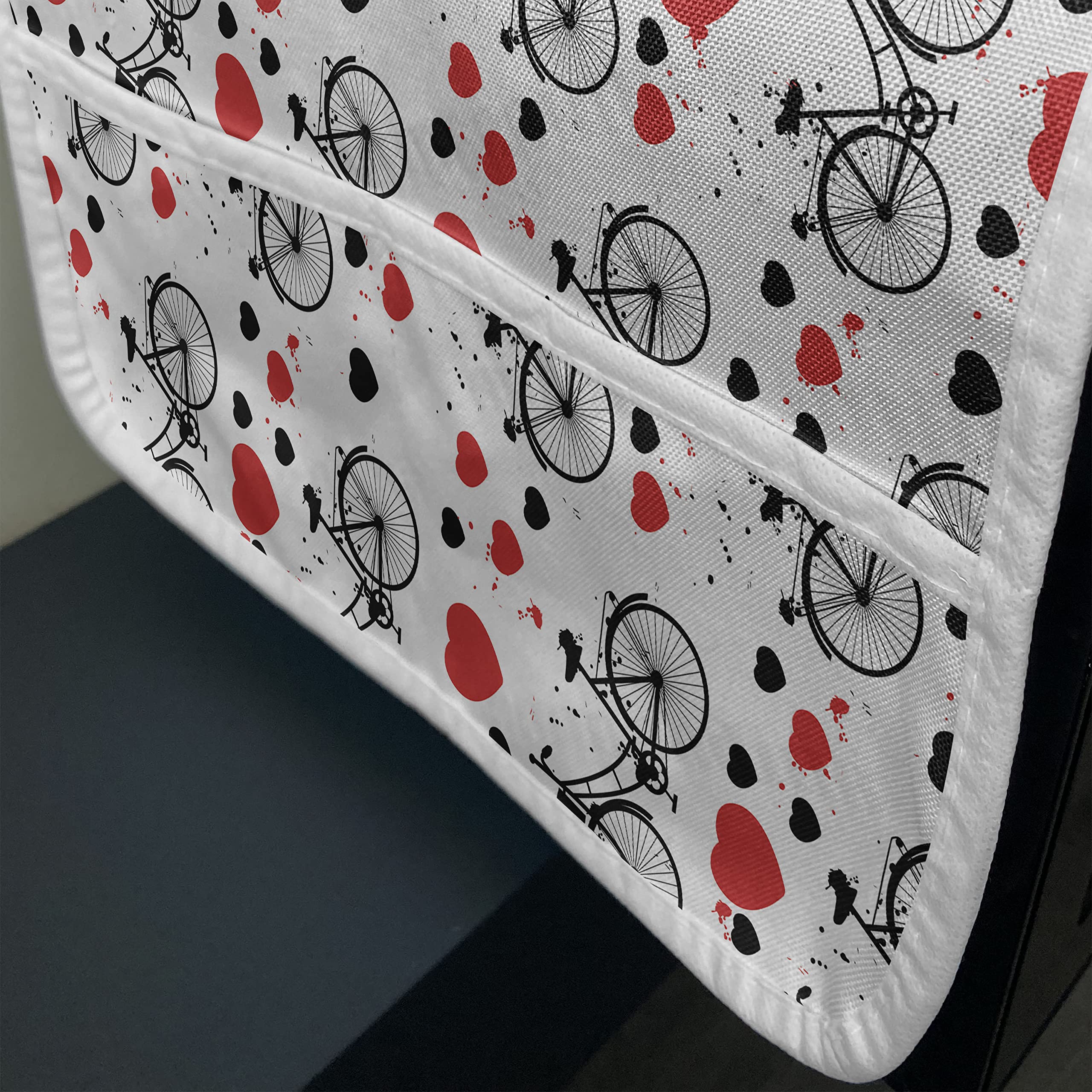 Romantic Microwave Oven Cover with Grunge Heart & Bicycle Design - Waterproof Kitchen Organizer with Pockets, 36x12 Inches (Red/Black/White) - Perfect for Valentine's Day Decor & Small Kitchen Storage