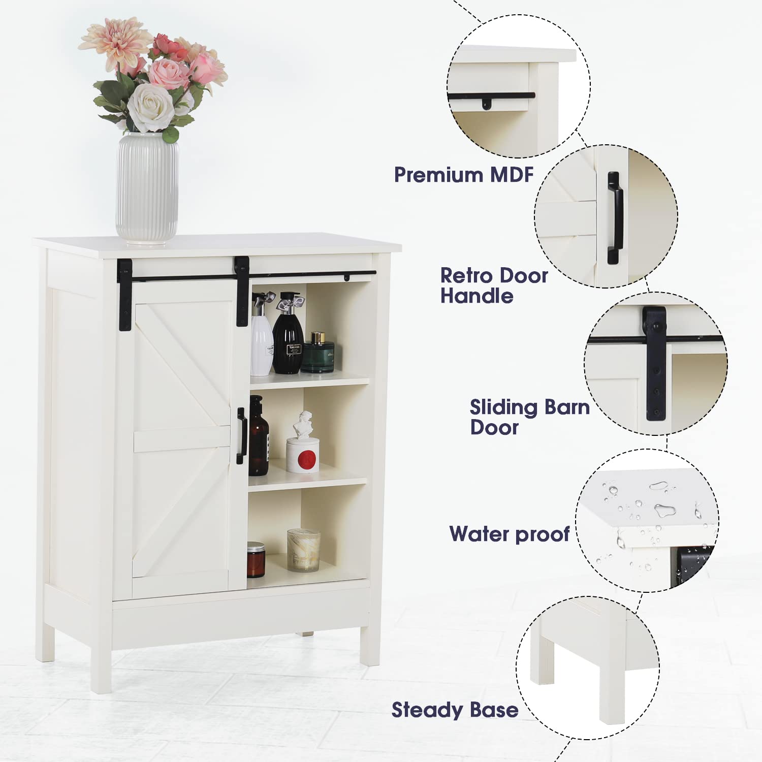 Farmhouse Style Sliding Barn Door Bathroom Floor Storage Cabinet - Creamy White Buffet & Sideboard for Living Room, Kitchen, Bedroom | Rustic Home Organization & Decor