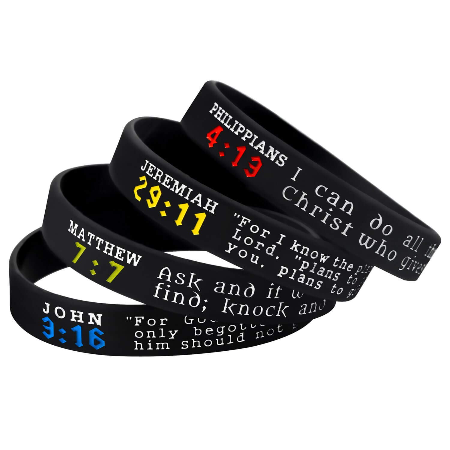 Christian Bible Verse Wristbands - Set of 4 Scripture Bracelets with Philippians 4:13, Jeremiah 29:11, John 3:16 & Matthew 7:7 - Religious Gift for Men & Women - Perfect for Church, Bible Study & Daily Inspiration