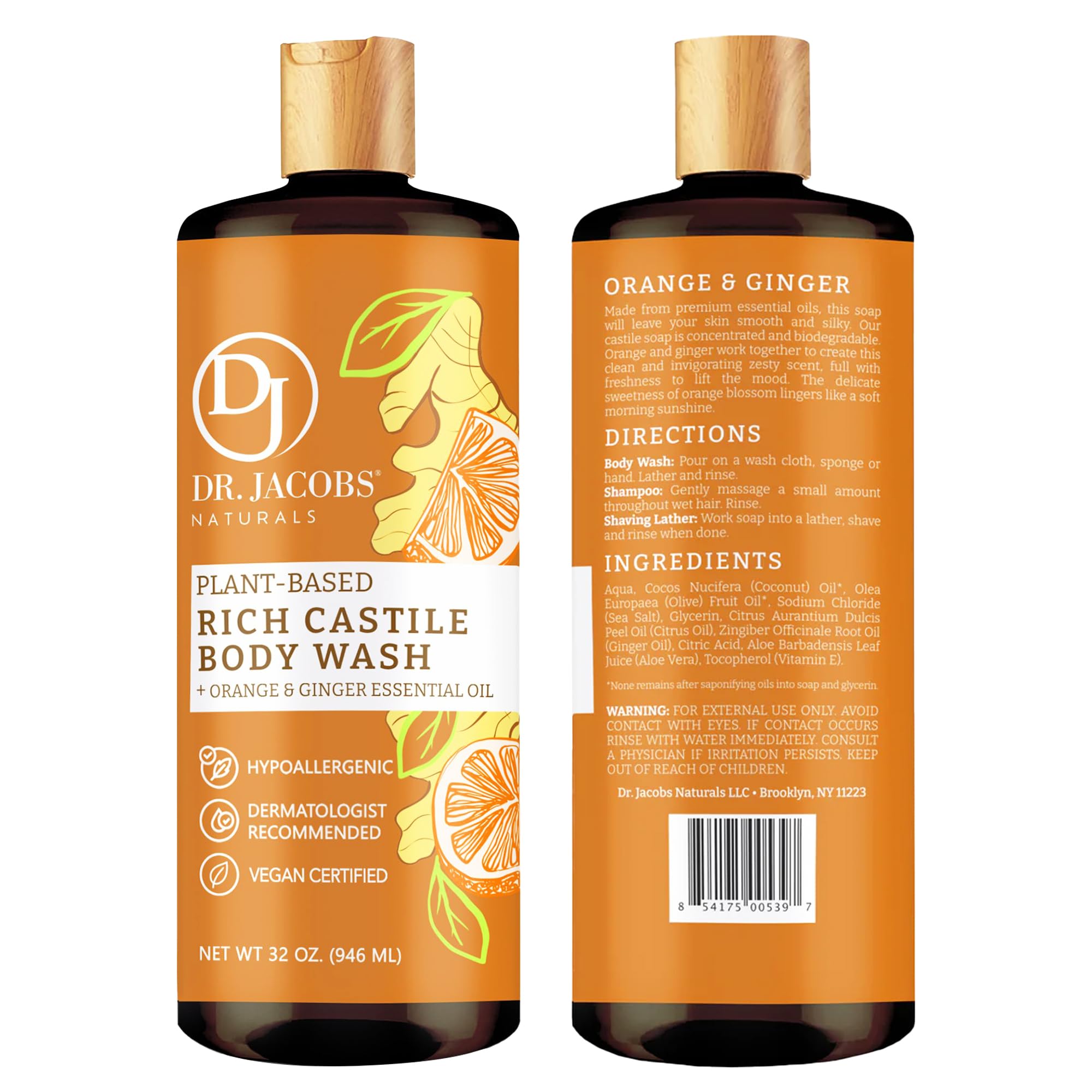 DR. JACOBS NATURALS Castile Orange & Ginger All-Natural Body Wash & Shampoo - Moisturizing for Dry & Sensitive Skin, Plant-Based Ingredients, Gluten-Free, Preservative-Free - 32 oz (Pack of 3) | Gentle Cleansing for Daily Shower & Hair Care