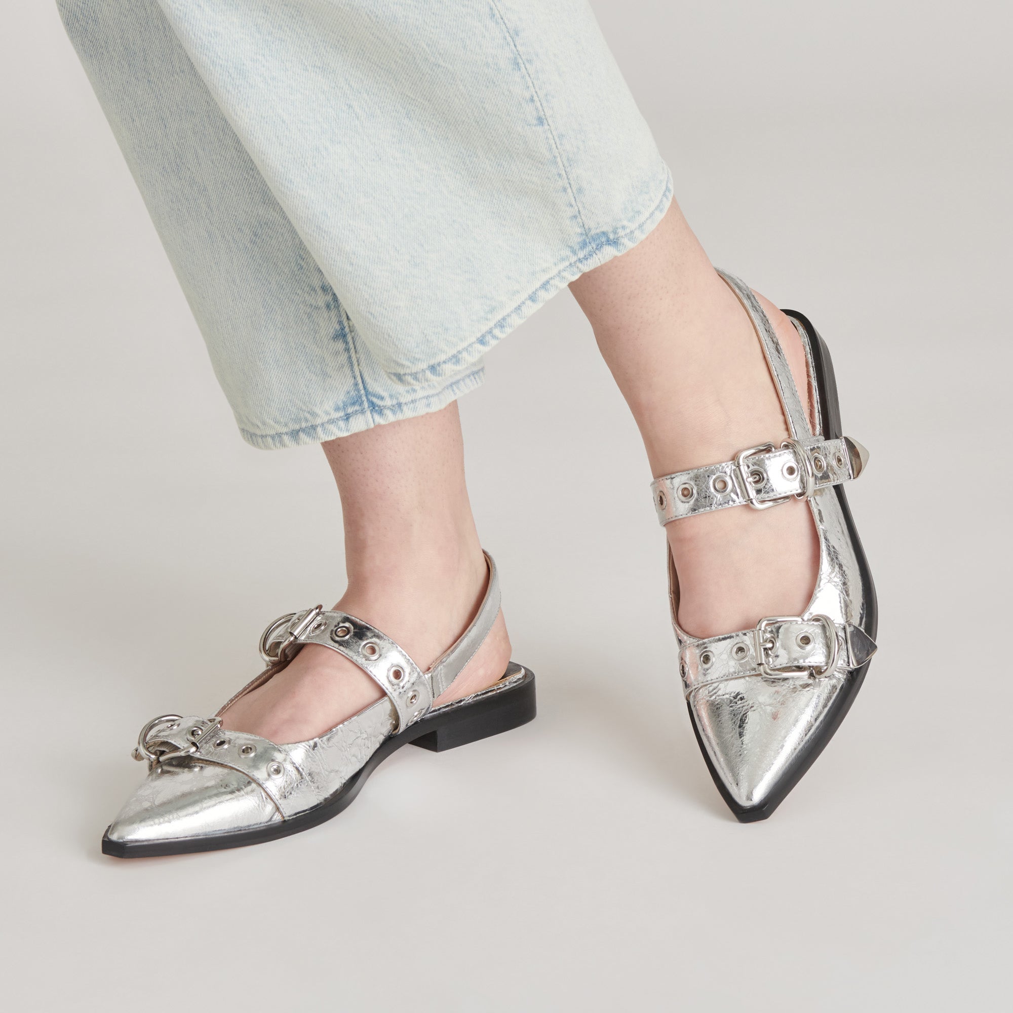 LABELL FLATS SILVER DISTRESSED LEATHER - Women's Comfortable Slip-On Shoes for Casual Wear & Everyday Outfits