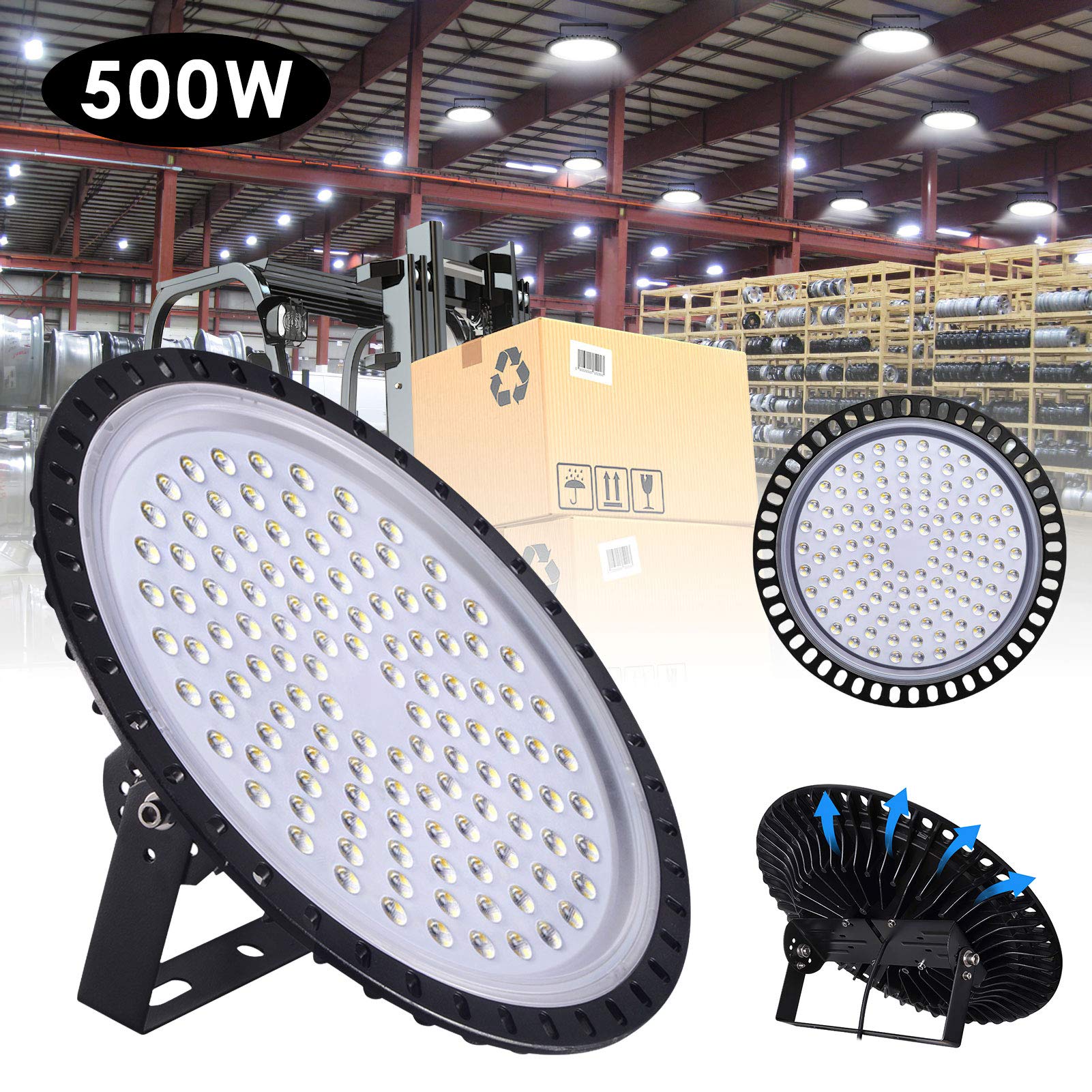 Ankishi UFO LED High Bay Light 4 Pack - 500W 50000LM Waterproof Commercial Lighting with Brackets, 6500K Daylight White - Warehouse, Workshop, Factory, Gym - 2000W HID/HPS Equivalent - Energy Saving & Durable Industrial Lights for Indoor/Outdoor Use