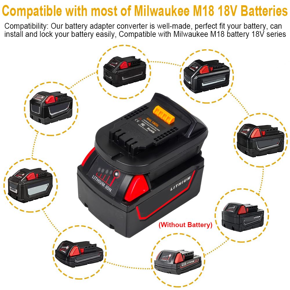 Milwaukee M18 to Dewalt 20V Battery Adapter Converter - Compatible with Dewalt Power Tools - Lithium Battery Adapter for Drills, Saws & Power Tools - Workshop & DIY Projects