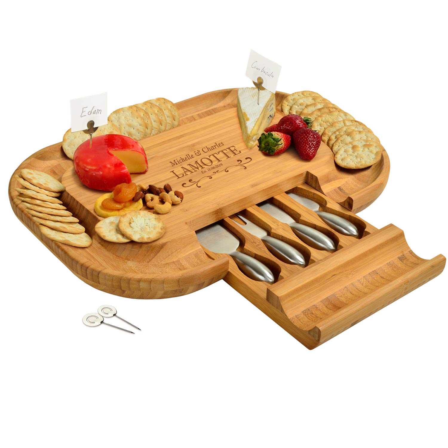 Personalized Engraved Bamboo Cheese Board Set with Knives & Cheese Markers - Custom Charcuterie Cutting Board for Picnics, Parties & Gifts - Handcrafted in USA
