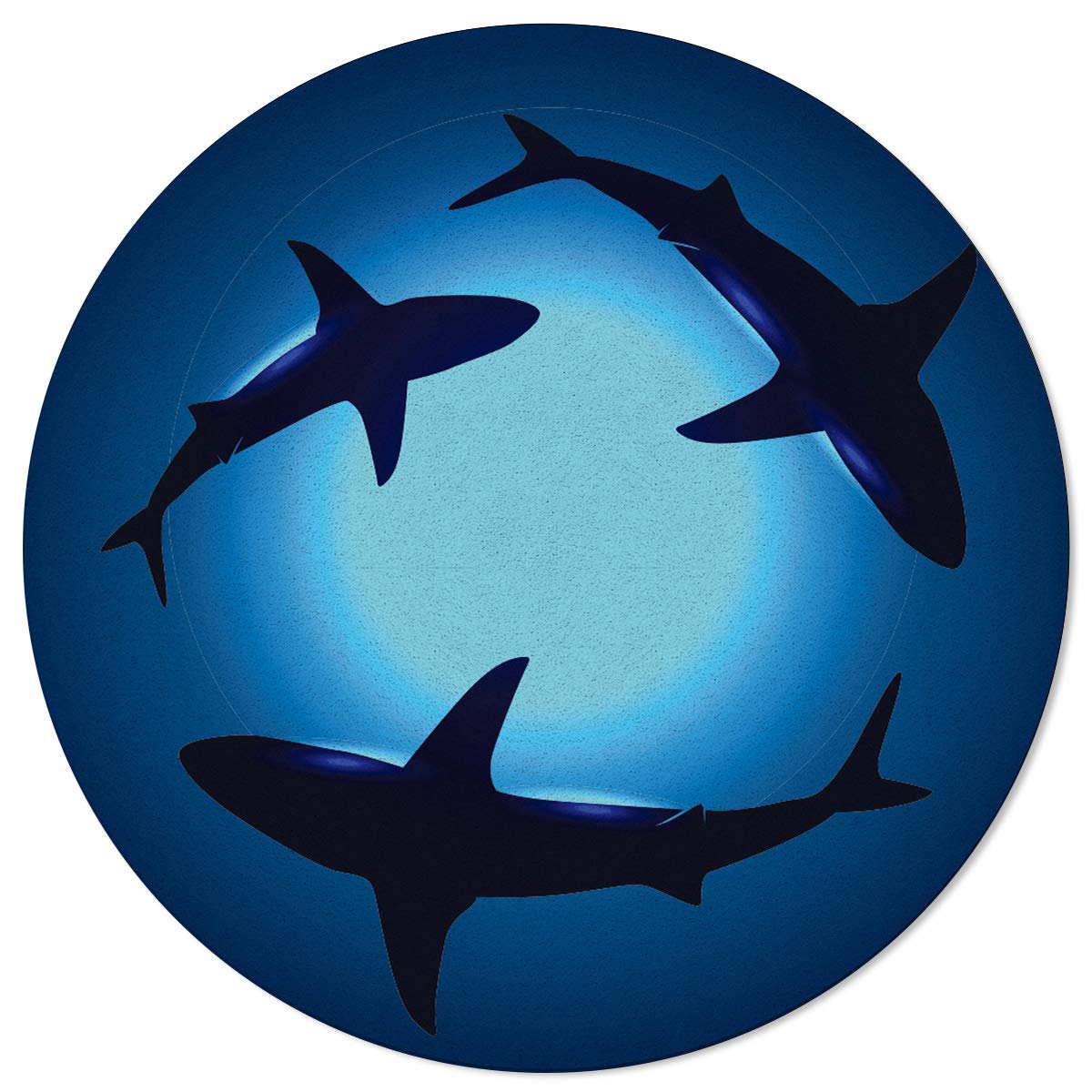 Large Round Area Rug for Bedroom & Living Room - Non-Slip Undersea Shark Silhouette Carpet, 3.3ft Washable Floor Mat in Black & Blue - Perfect for Kids Room, Dorm Decor & Home Office (Thalassophobia Theme)