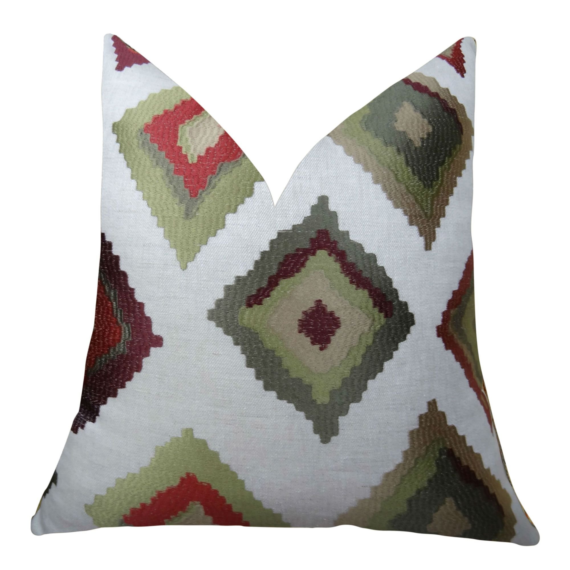 Decorative Throw Pillow - Geometric Olive Green & Burgundy Embroidered Cushion Cover - Red, Taupe, Light Green & White Patterned Pillow - Made in USA | Perfect for Sofa, Bedroom & Living Room Decor