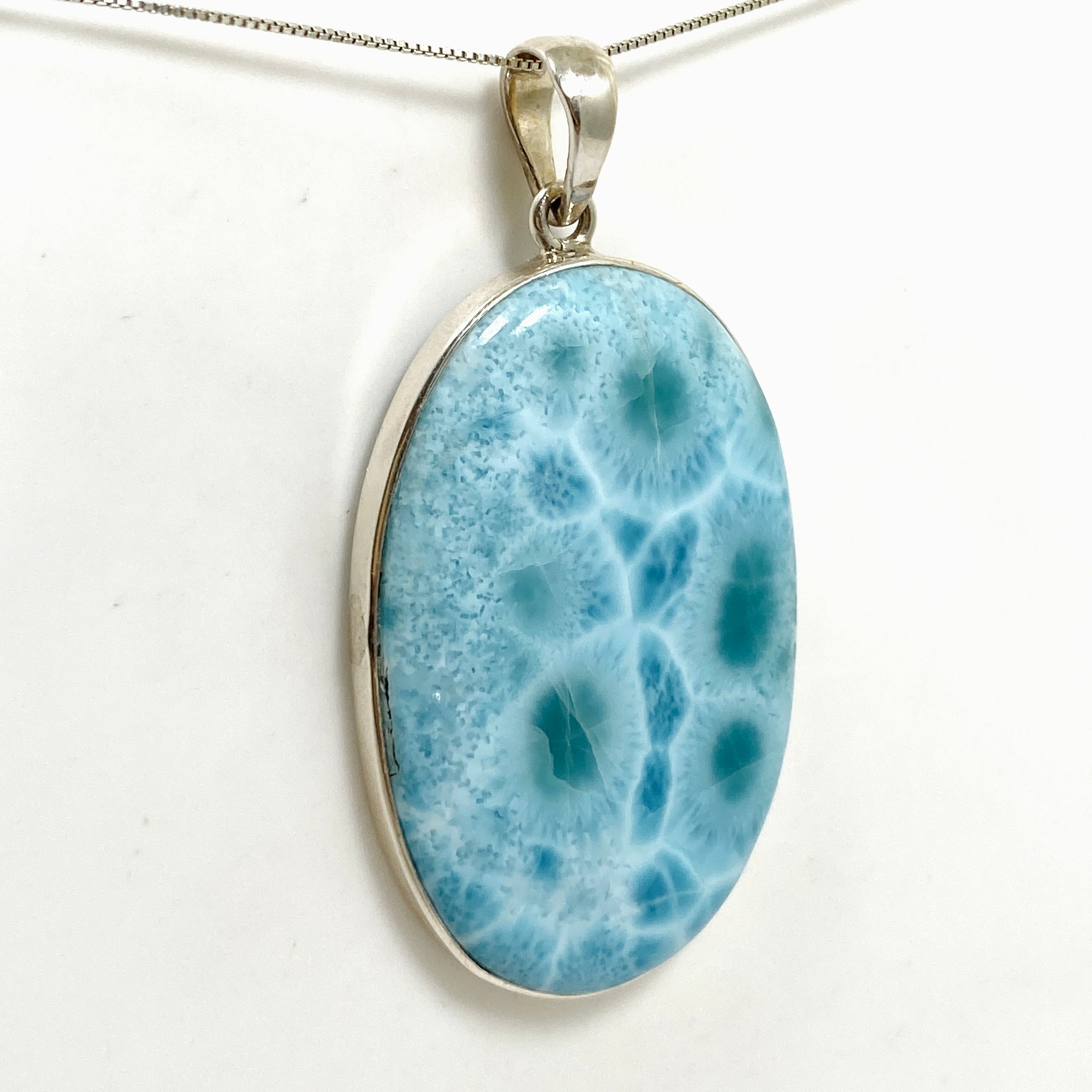 Natural Larimar Oval Cabochon Pendant Necklace - Genuine Blue Stone Jewelry for Women - Perfect for Beach Vacations & Boho Fashion