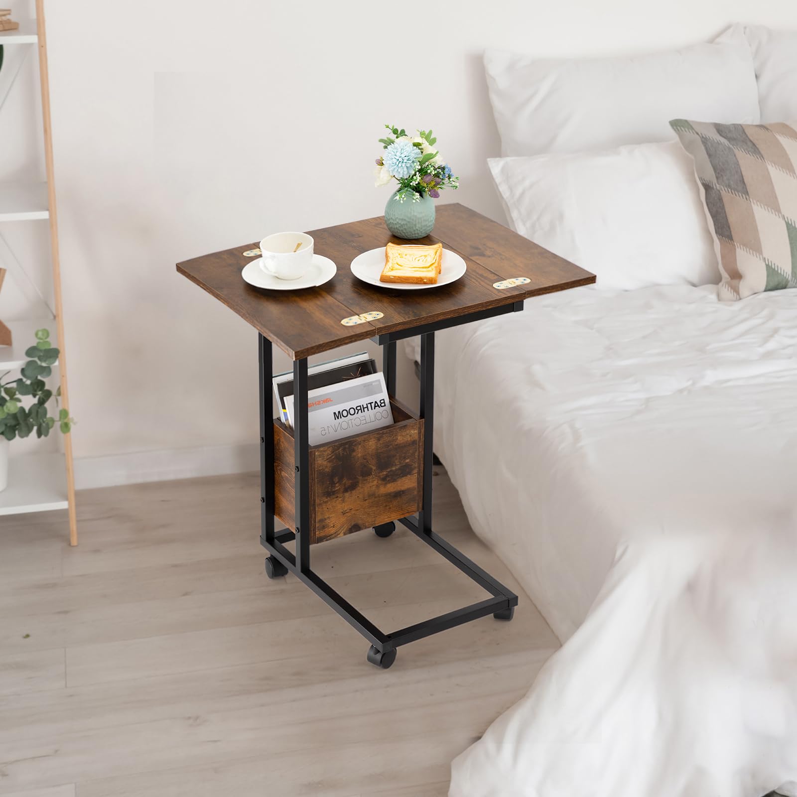 Hadulcet Modern C-Shaped End Tables Set of 2 - Rustic Brown Small Side Tables for Living Room, Sofa, Couch - Slide Under Furniture Snack Tables & TV Trays - Perfect for Eating, Reading, and Entertaining Guests