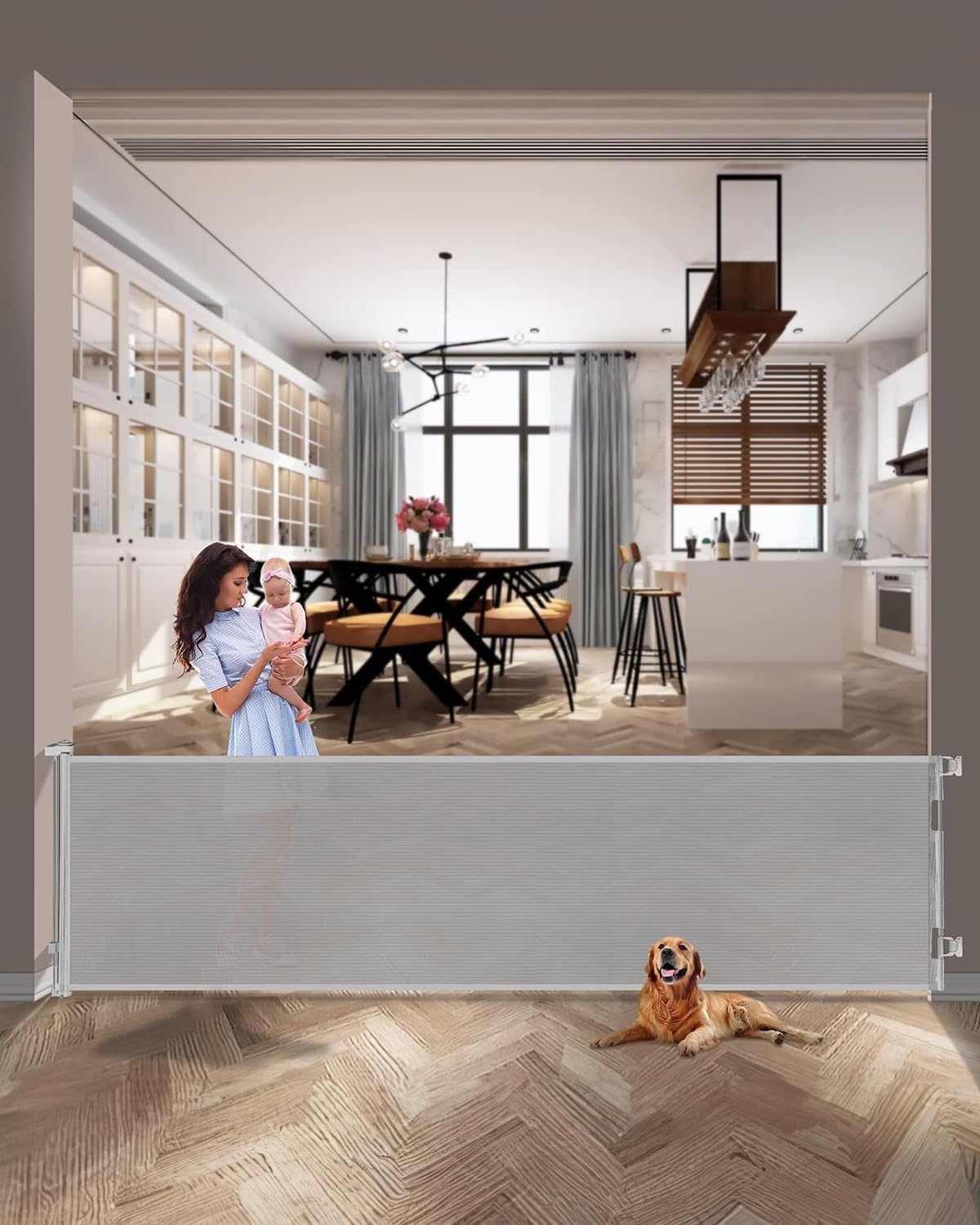 Extra Wide 168 Inch Retractable Baby Gate - Large Mesh Safety Gate for Babies, Pets & Toddlers | Indoor, Outdoor, Stairs, Deck Use | Grey 33