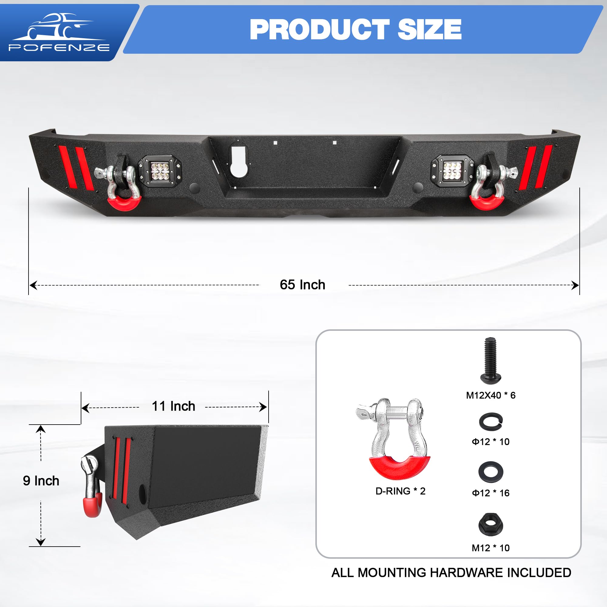 Textured Black Rear Bumper with LED Lights for Jeep Gladiator JT (2020-2024) - Full Width Bumper with Sensor Holes, D-Rings & DIY Plate - Perfect for Off-Roading, Overlanding & Truck Upgrades