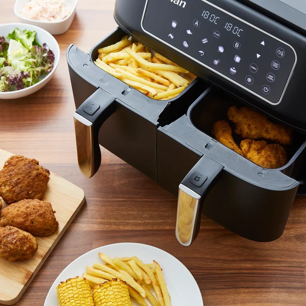 Swan SD10410N 8L Digital Dual Basket Air Fryer with Keep Warm Function - 10 One-Touch Presets, Rapid Air Circulation Technology, 1600W Power, Black - Perfect for Family Cooking, Healthy Meals, and Quick Snacks