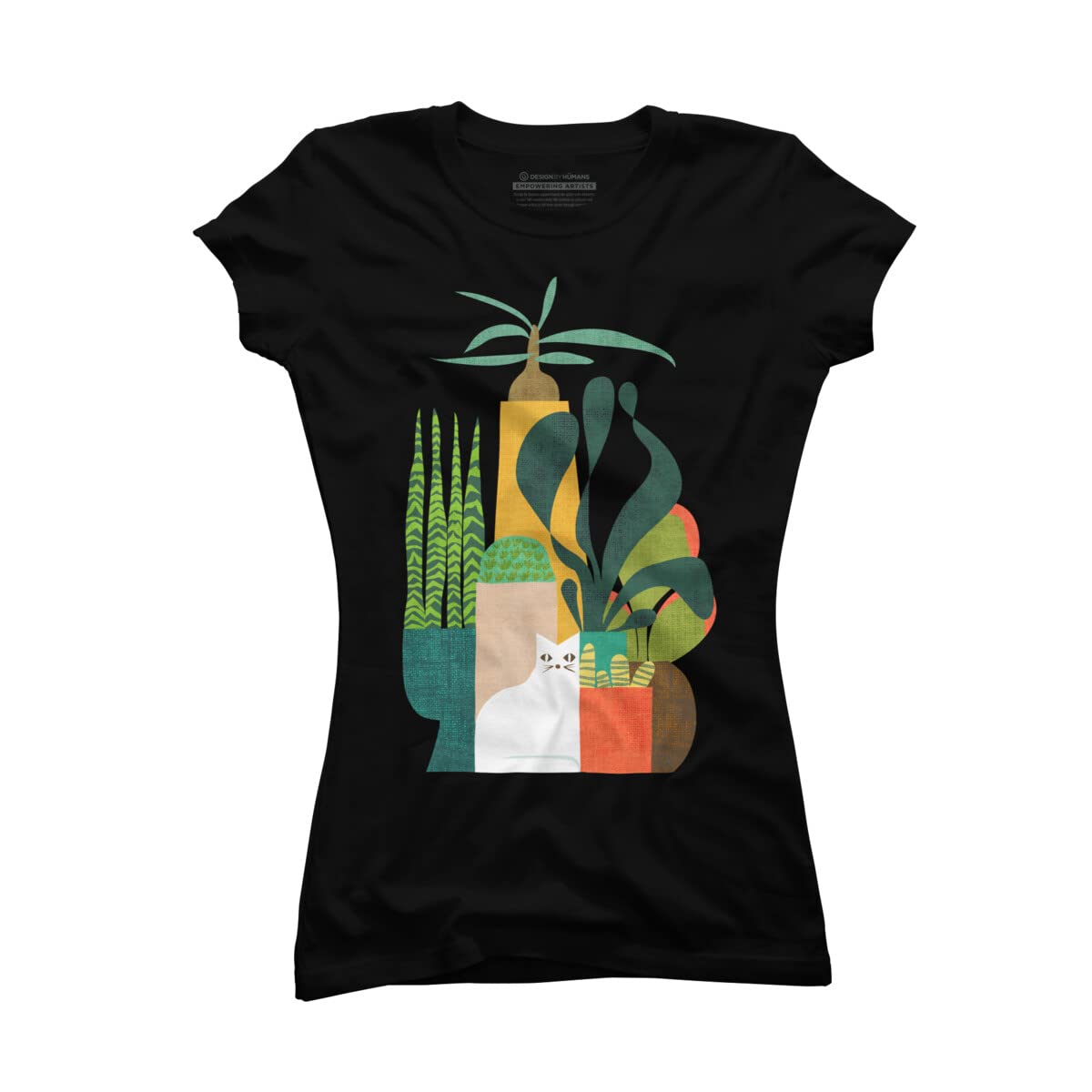 Design By Humans Junior's Cat and Plants Graphic T-Shirt - Cute Cat & Botanical Print Tee for Women - Casual Wear, Street Style, Gift Idea
