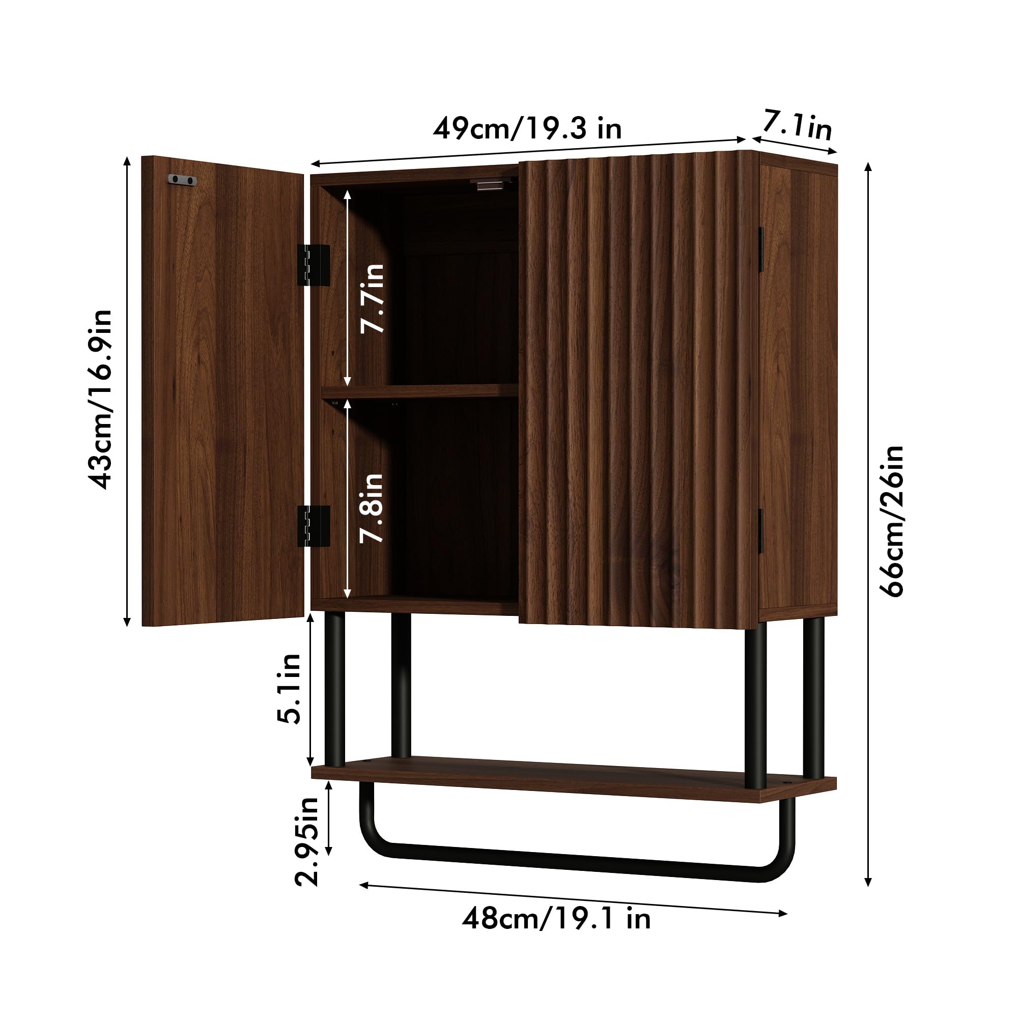 RUSTOWN 2-Door Fluted Bathroom Wall Cabinet with Adjustable Shelf & Towel Bar - 3-Tier Modern Farmhouse Medicine Cabinet for Over The Toilet Storage (Dark Walnut, Medium) - Perfect for Bathroom Organization & Small Space Storage Solutions
