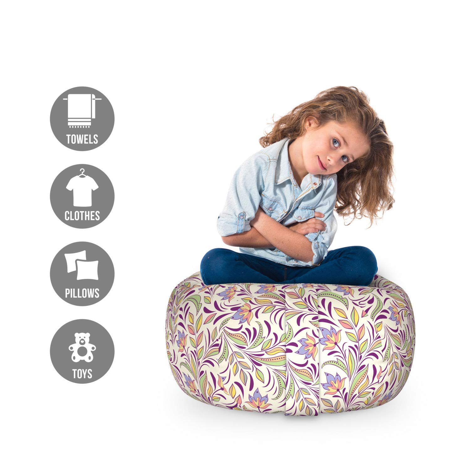 Ambesonne Abstract Storage Toy Bag Chair - Floral Lilac & Violet Spring Design, Washable Stuffed Animal Organizer, Small Size Pale Green Lavender | Kids Room Decor, Playroom Storage, Nursery Organization