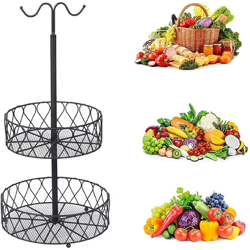 2 Tier Metal Wire Fruit Basket with Banana Hanger - Countertop Kitchen Organizer for Fruits & Vegetables - Detachable Storage Stand for Bananas, Apples, Oranges - Perfect for Kitchen Counter, Pantry, or Dining Table Display