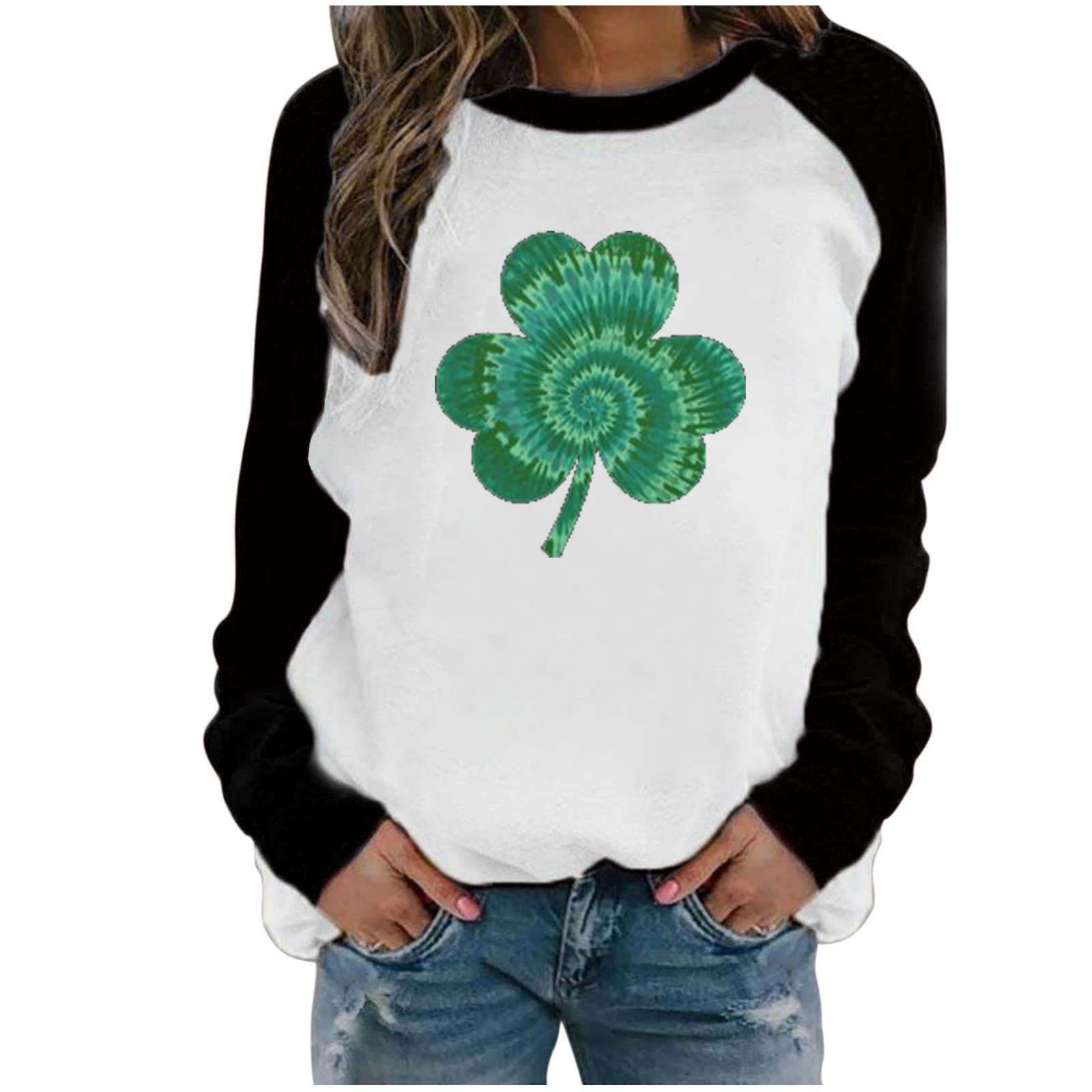 ylioge Women's Fashion Patchwork Print Long Sleeve Round Neck Casual T-Shirt - Spring St. Patrick's Day Top for Everyday Wear & Holiday Outfits