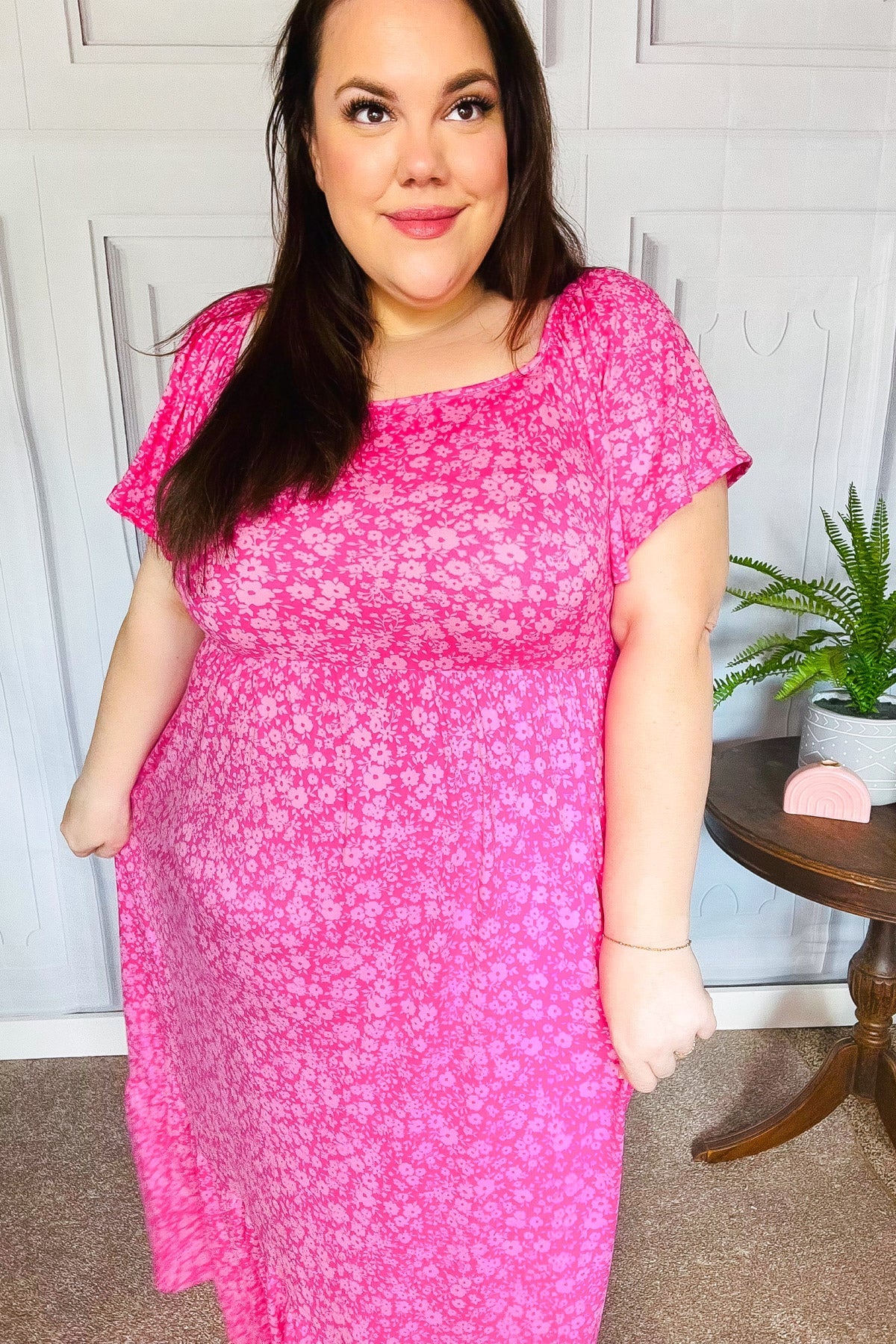 Perfectly You Fuchsia Ditzy Floral Fit & Flare Maxi Dress - Women's Summer Boho Beach Dress for Vacation, Wedding Guest & Outdoor Parties