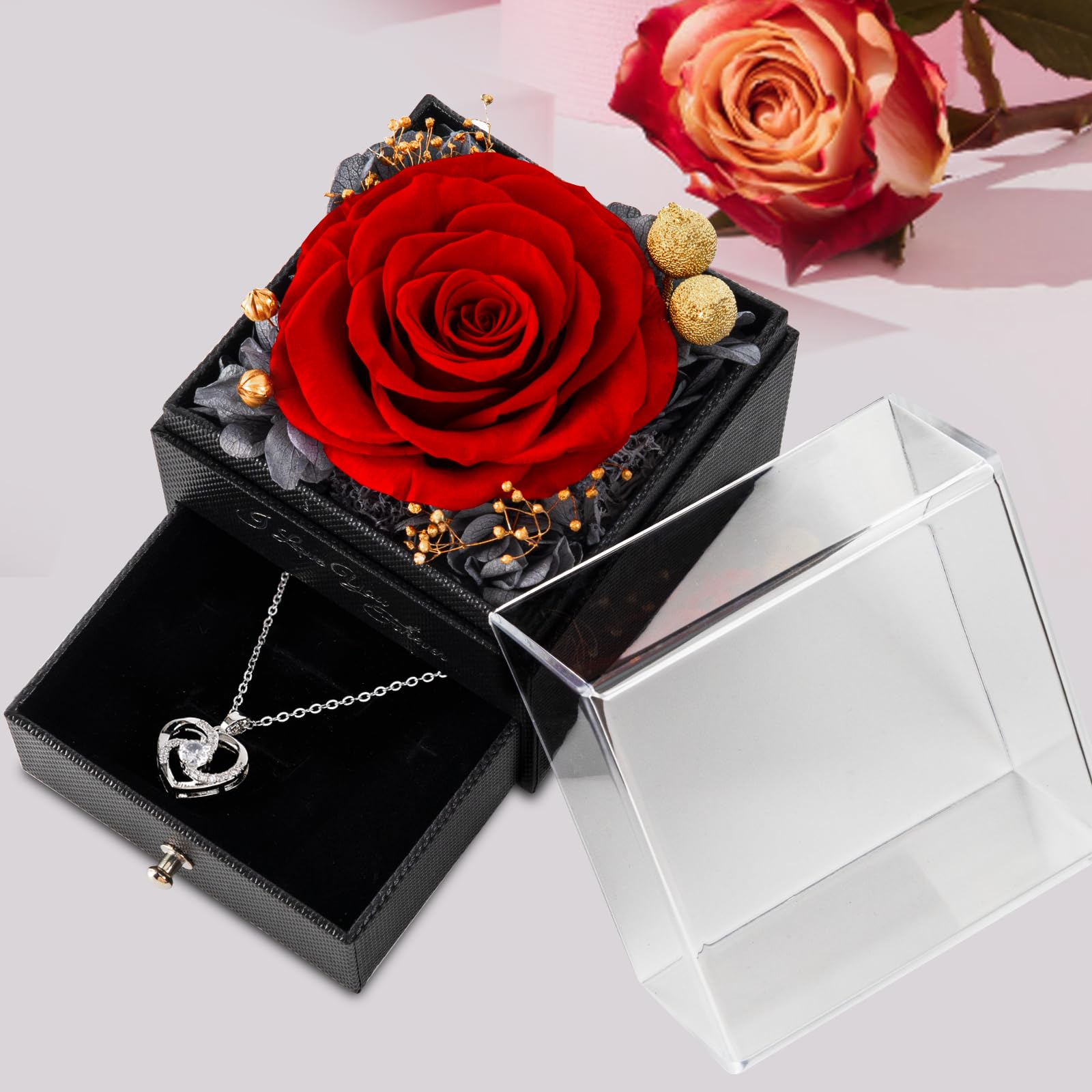 Preserved Real Red Rose Necklace Gift Set - Eternal Roses Forever Flowers for Women, Mom, Wife, Grandma | Perfect for Birthday, Anniversary, Mother's Day & Special Occasions | Romantic Keepsake Jewelry for Girlfriend, Valentine's Day & Wedding Gifts