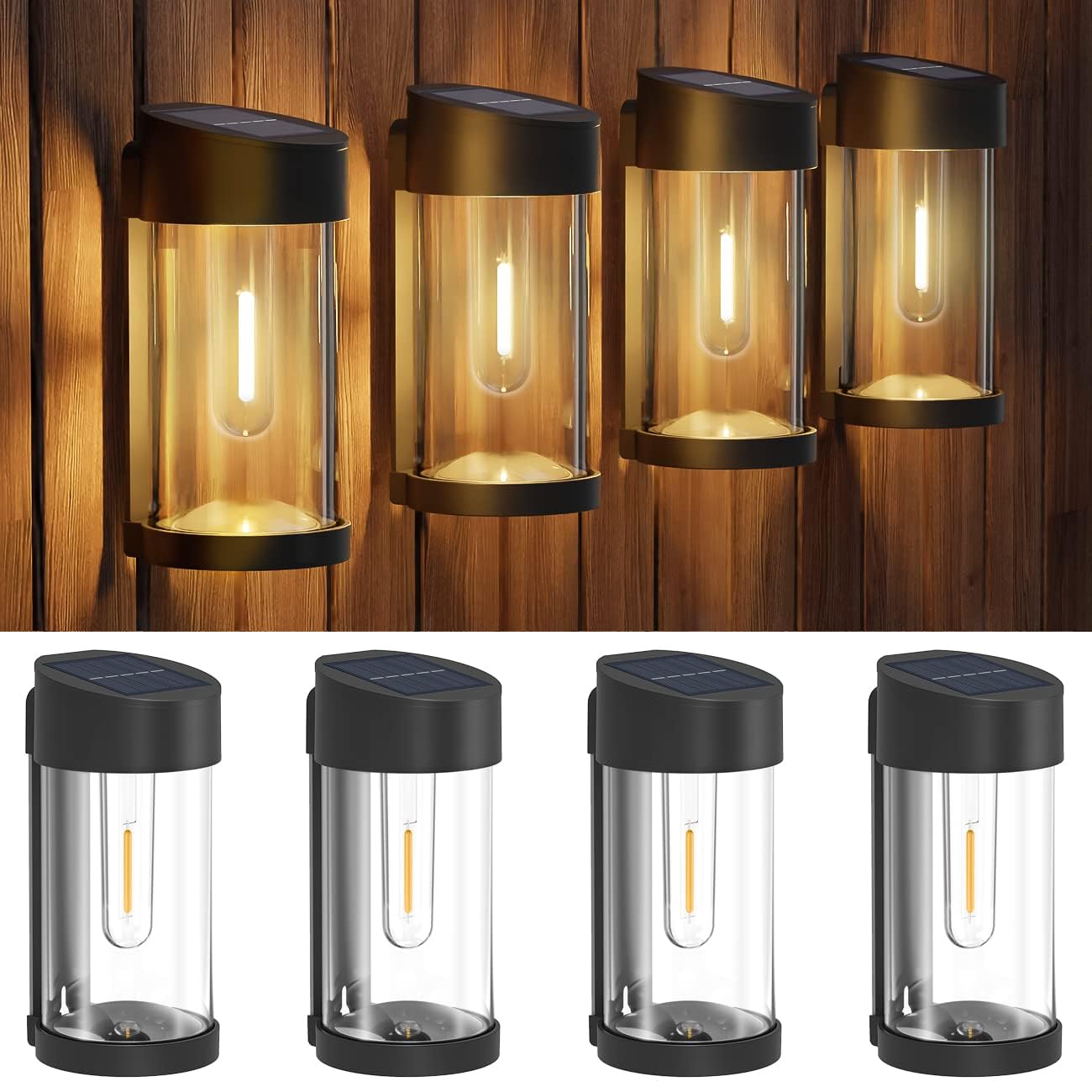 4 Pack Solar Fence Lights Outdoor - IP65 Waterproof LED Solar Wall Step Lights with Glass Cover - Warm White Solar Powered Garden Decor for Fence Post, Deck, Backyard, Porch - Perfect for Pathway Lighting and Nighttime Safety