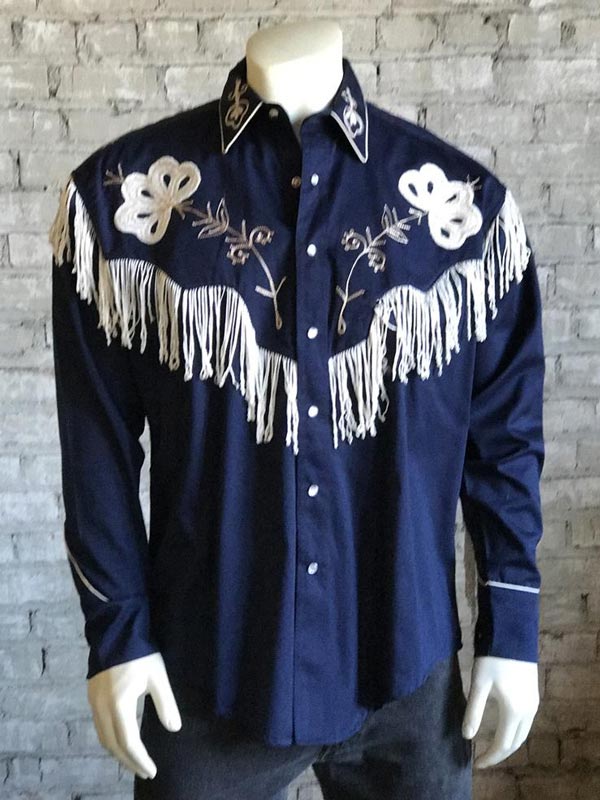 Rockmount 6723 NVY Men's Vintage Fringe Embroidered Western Shirt - Navy Blue Cowboy Shirt for Country Music Festivals & Rodeo Events