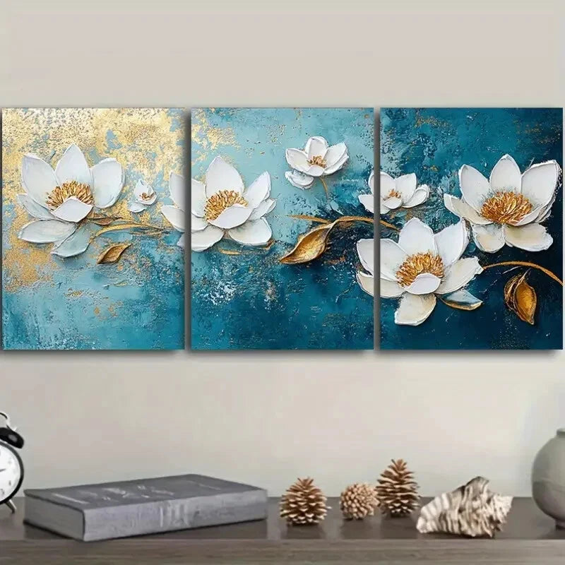 3-Piece White Flowers on Blue Background Metal Wall Art - Ready to Hang Canvas Prints for Living Room, Bedroom & Office Decor