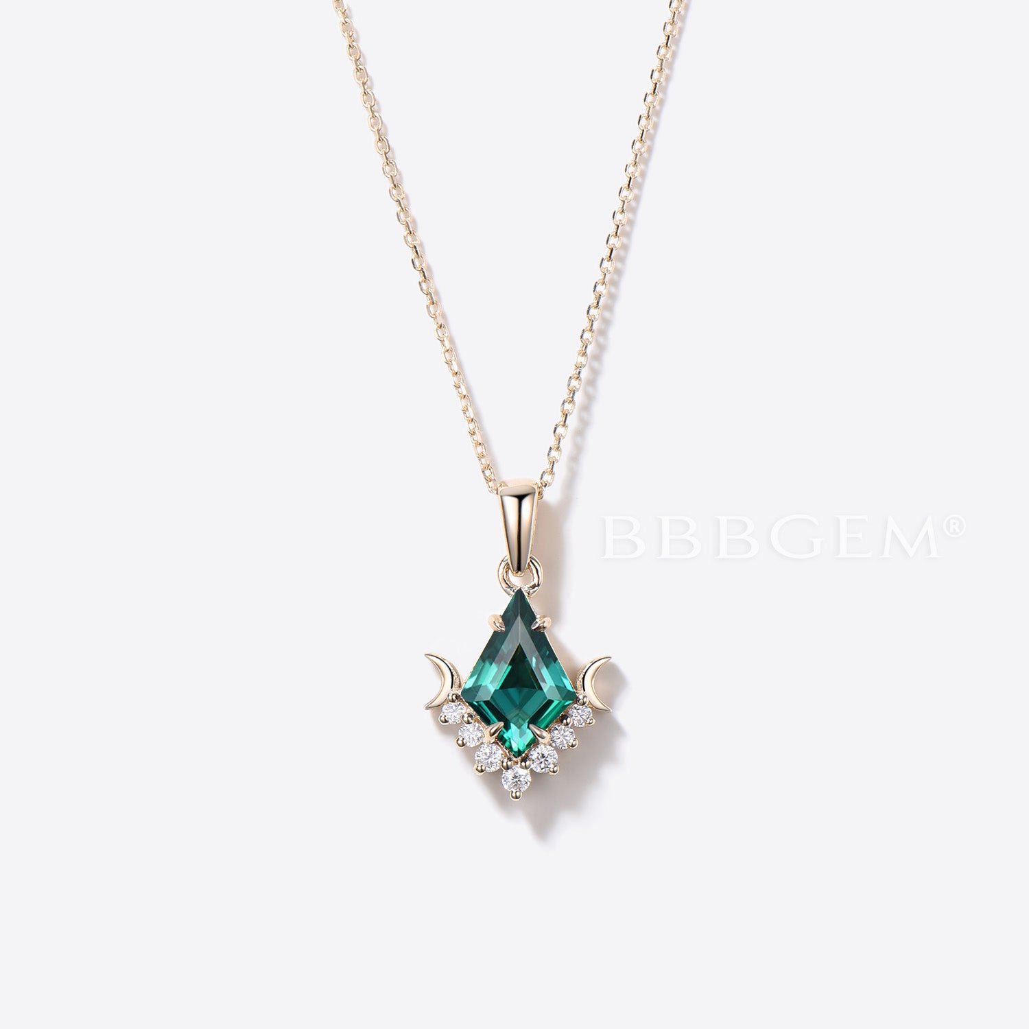 14K Solid Gold Moon Pendant Necklace with Kite-Cut Green Emerald - Elegant Wedding Jewelry for Brides, Anniversary Gifts & Special Occasions