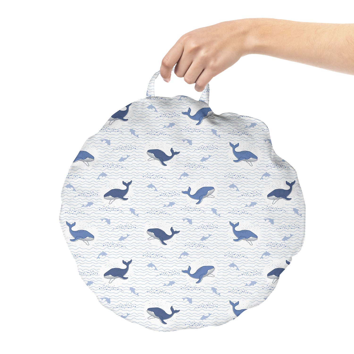 Ambesonne Whales Round Floor Cushion with Handle - Ocean Waves Underwater Fish & Marine Mammal Pattern on Plain Backdrop - Decorative Throw Pillow for Living Room, Dorms, Nursery - 18