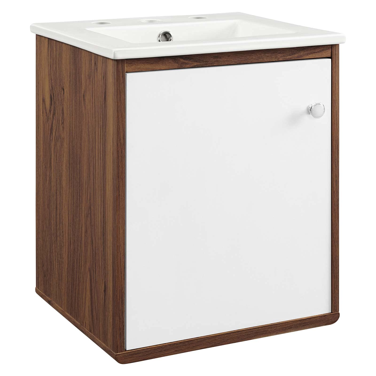 Modern Wall Mounted Sink Vanity Cabinet - Brown Walnut & White Wood Bathroom Storage - Space Saving Design for Small Bathrooms, Hotel Suites & Contemporary Homes