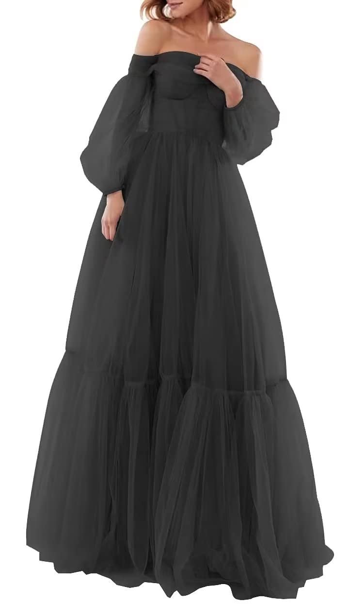 XJLY Off Shoulder Puffy Long Sleeve Prom Dress with Tulle Ruffles - A-Line Corset Evening Gown for Women | Perfect for Homecoming, Wedding Guest, and Formal Party Occasions