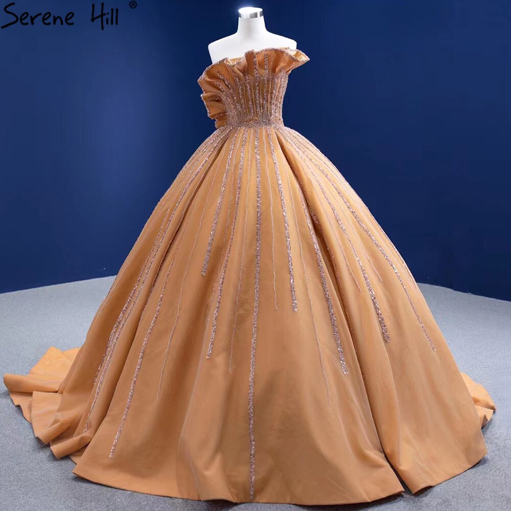Serene Hill Luxury Sleeveless Gold Wedding Dress 2025 - Satin Beaded Sexy Bridal Gown HM67356 | Custom Made for Beach Weddings, Evening Galas & Formal Events