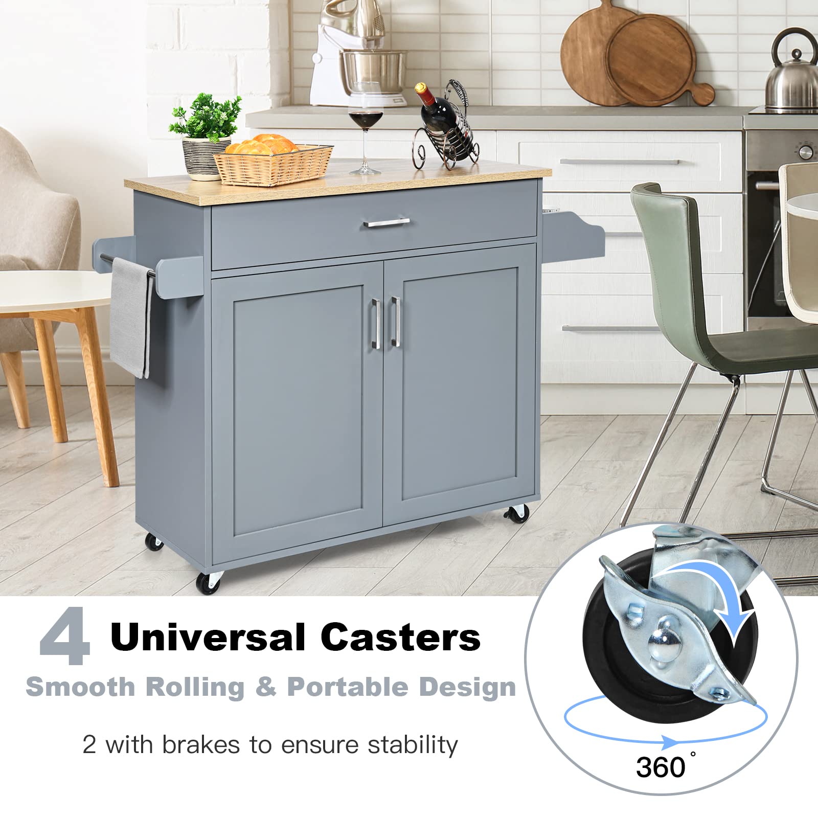 PETSITE Kitchen Island Cart with Storage Cabinet on Wheels - Mobile Kitchen Cart with Spice Rack, Towel Holder & Drawer - Grey Rolling Kitchen Island for Small Spaces, Apartments & Home Cooking