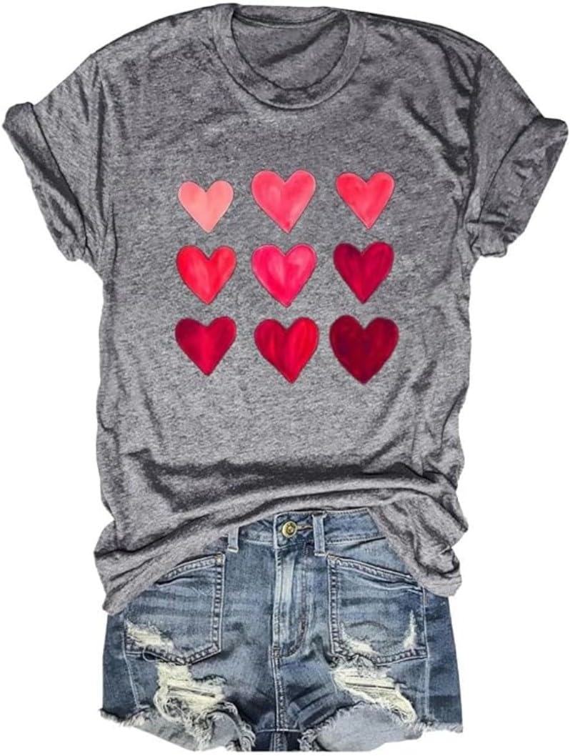 Valentine's Day Women's Graphic T-Shirt - Heart Print Short Sleeve Blouse Top for Wife, Girlfriend - Perfect for Date Night, Anniversary Gifts & Casual Wear