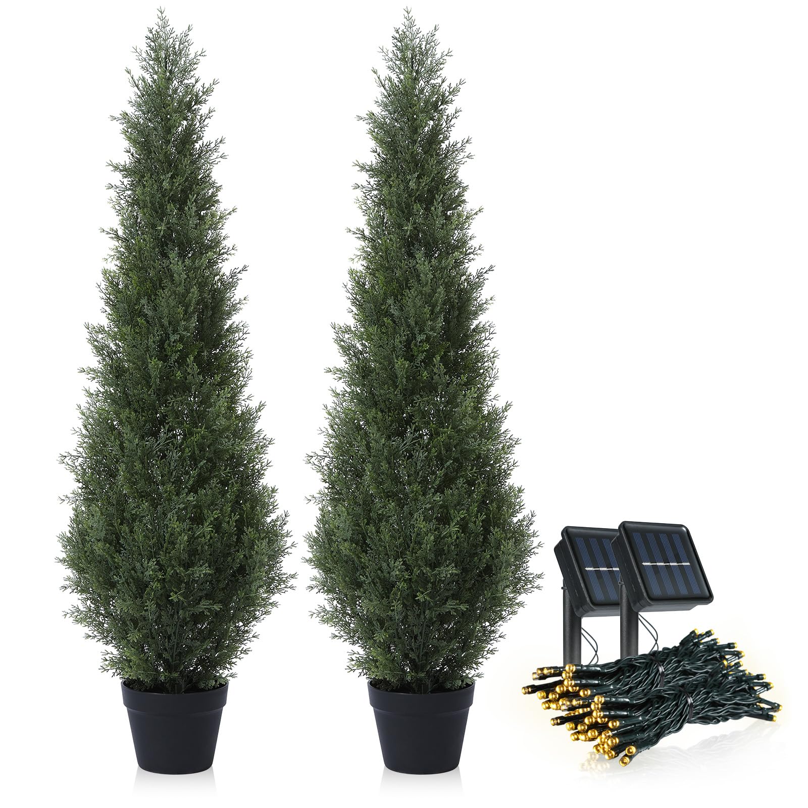 4FT Artificial Cedar Topiary Trees with Solar Lights - UV Resistant Fake Cypress Plants for Outdoor Porch Decor, Set of 2 - Perfect for Front Yard Landscaping, Patio & Garden Decoration