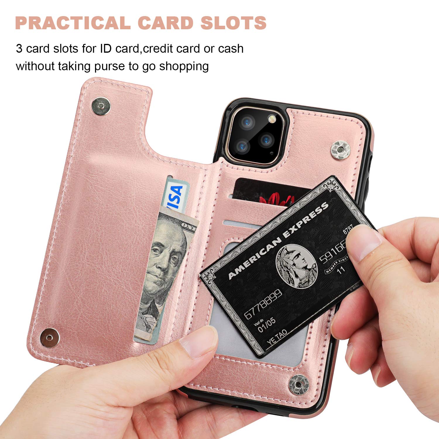 Premium PU Leather Wallet Case for iPhone 11 Pro Max (6.5 Inch) - RFID Blocking Card Holder with Kickstand, Double Magnetic Closure & Shockproof Protection - Rose Gold | Perfect for Business, Travel & Everyday Use