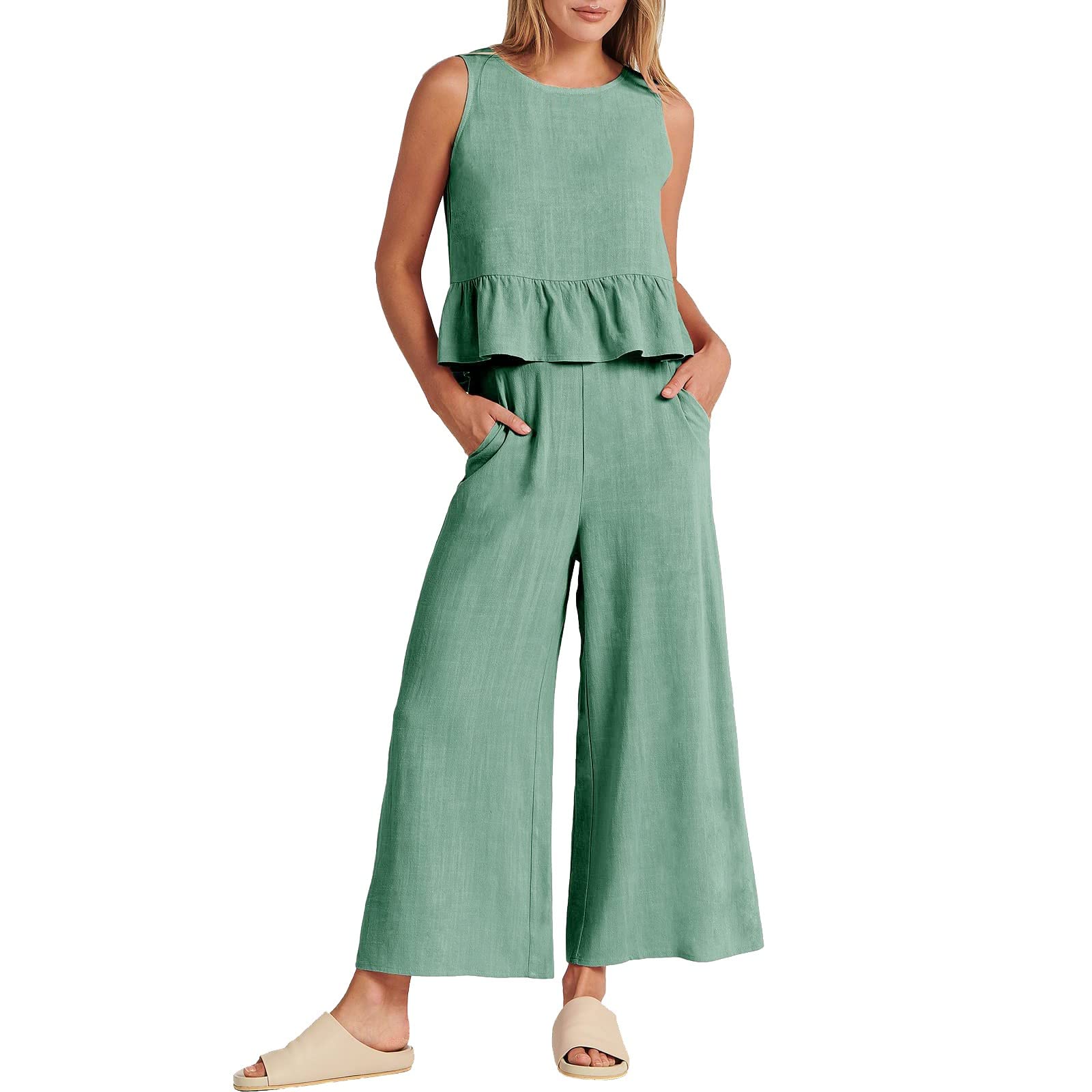 Women's 2 Piece Outfit Set - Summer Cotton Linen Sleeveless Blouse & Shorts Casual Floral Print Tracksuit | Clubwear, Lounge Wear, Beach Outfit in Mint Green