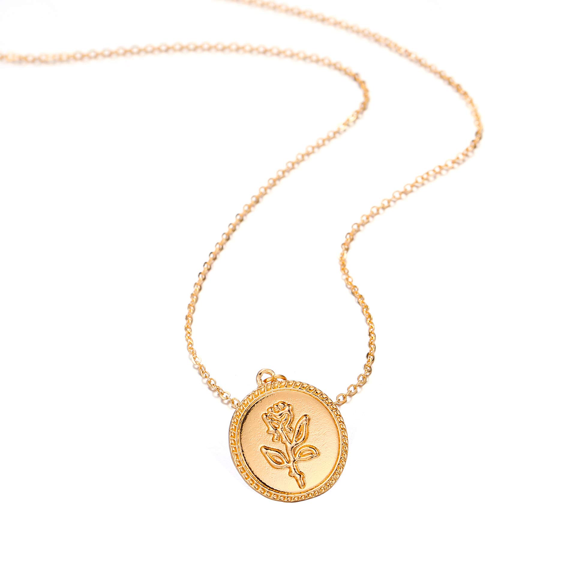 Gold Alloy Rose Flower Lava Rock Pendant Necklace for Women - Elegant Round Disc Coin Jewelry with Natural Stone - Perfect for Date Night, Wedding & Everyday Wear